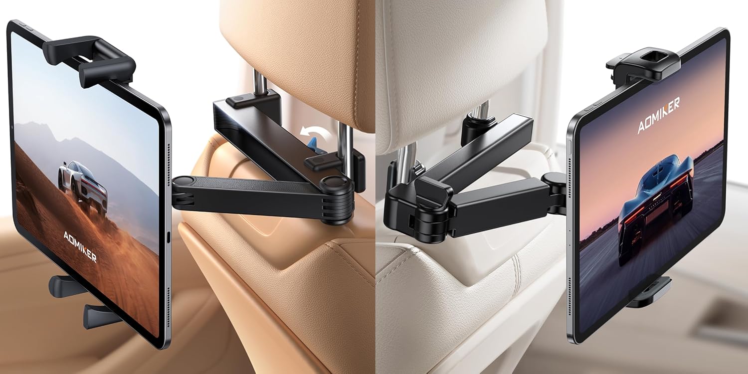 Aomiker Aluminium Lockable Headrest Car Mount with Super Thick Grip + Regular Stretchable Car Tablet Holder