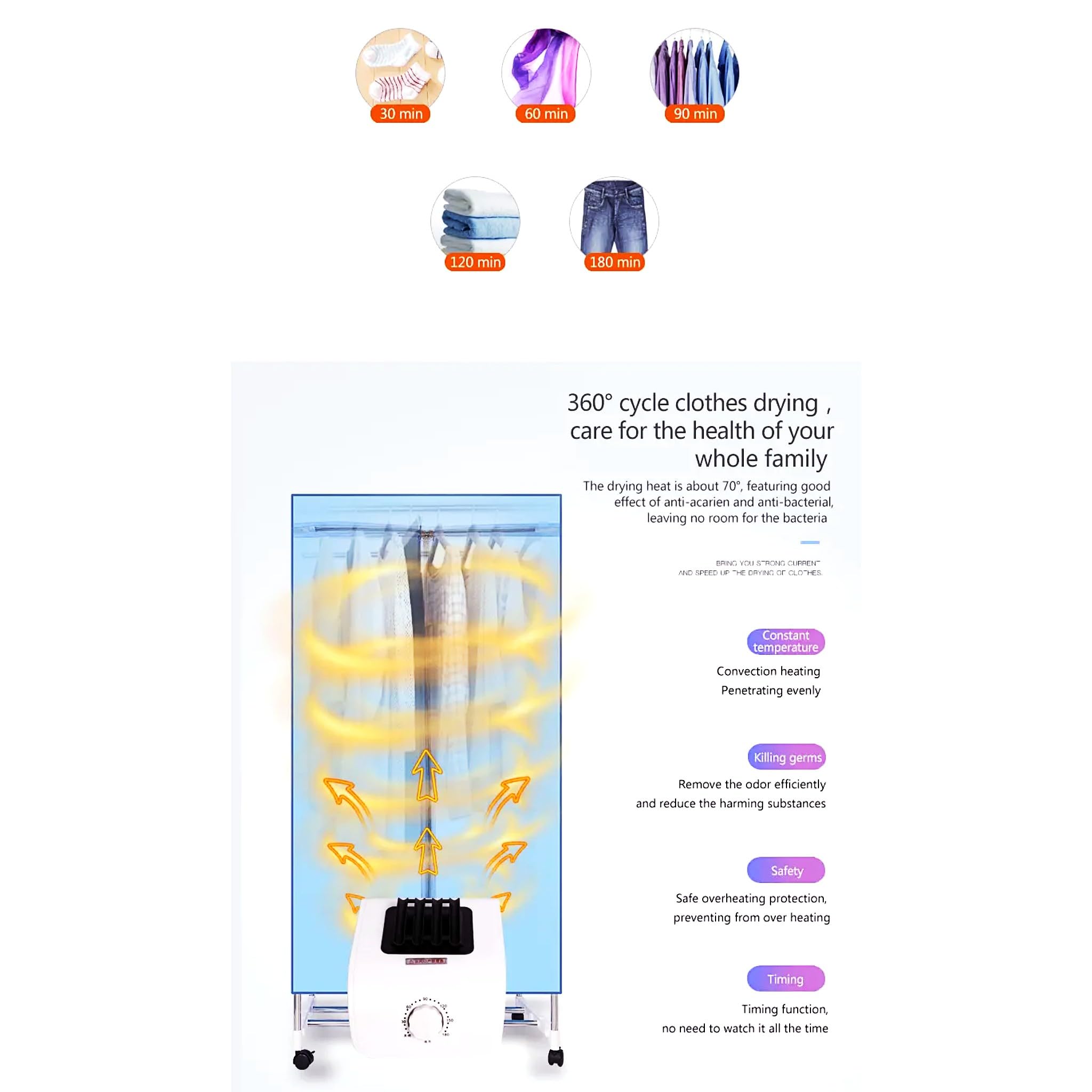 Bricoloco Secadora Eléctrica Portátil 1200 W y hasta 70 grados, 2 alturas y hasta 15 kgs de ropa - Antibacteriano-Solución ideal para Secar las prendas en invierno