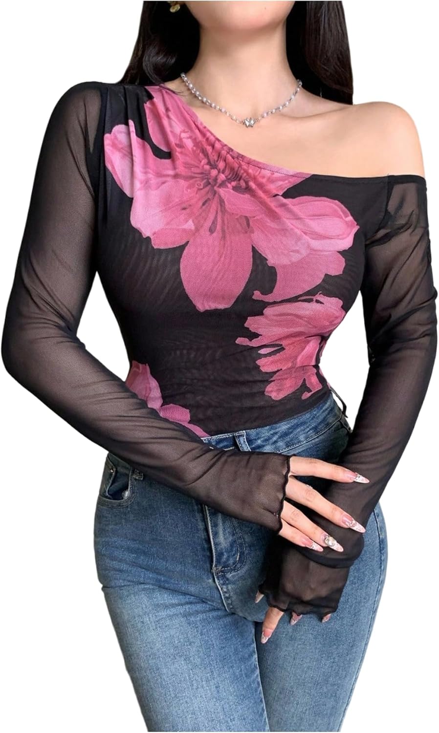 Floerns Women's Floral Off The Shoulder Tops Long Sleeve T Shirts See Through Going Out Tops