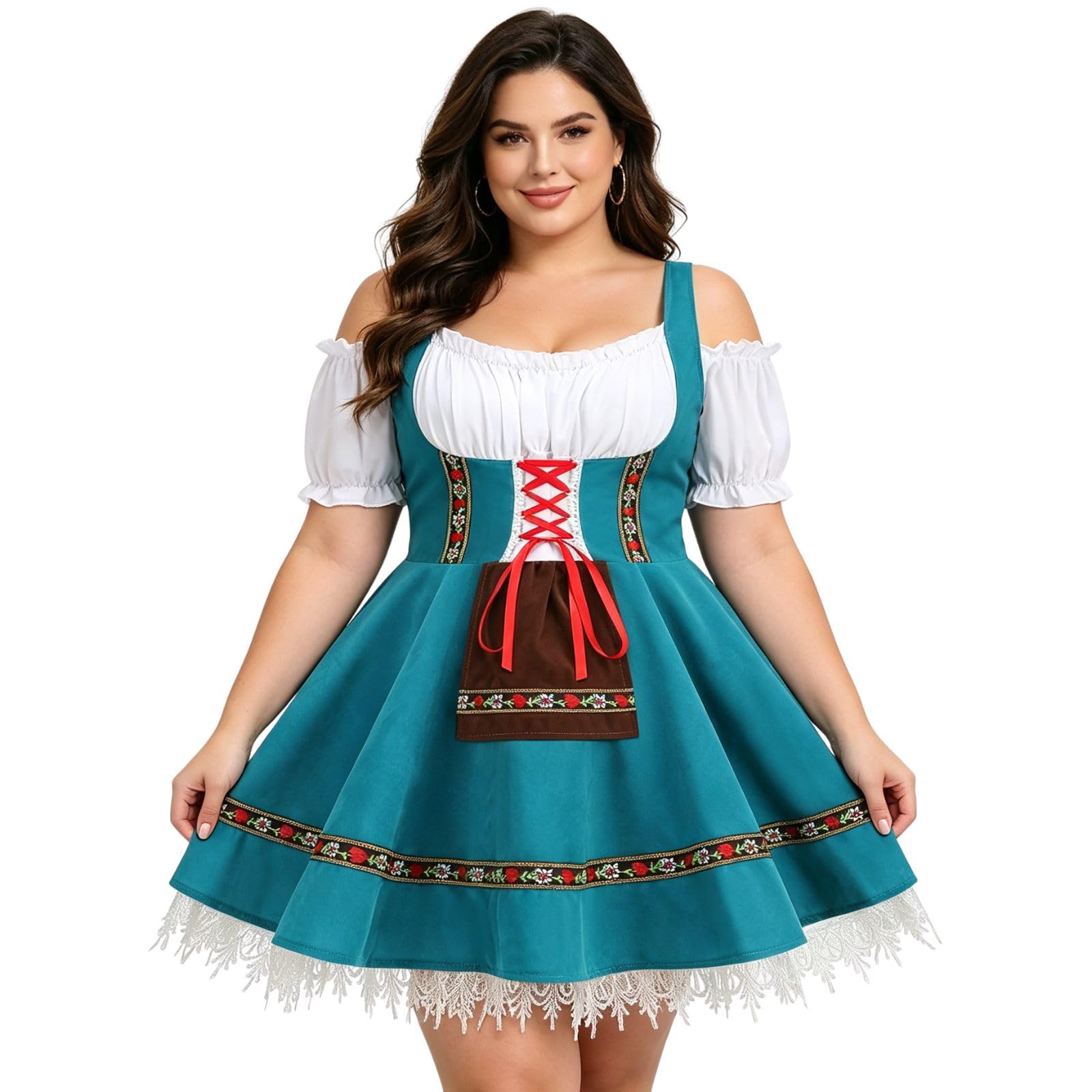 HAPNBCELE Womens Oktoberfest Costume Plus Size, German Dirndl Dress One-Shoulder Beer Festival Bavarian Carnival Halloween (Cyan Blue, 1X)
