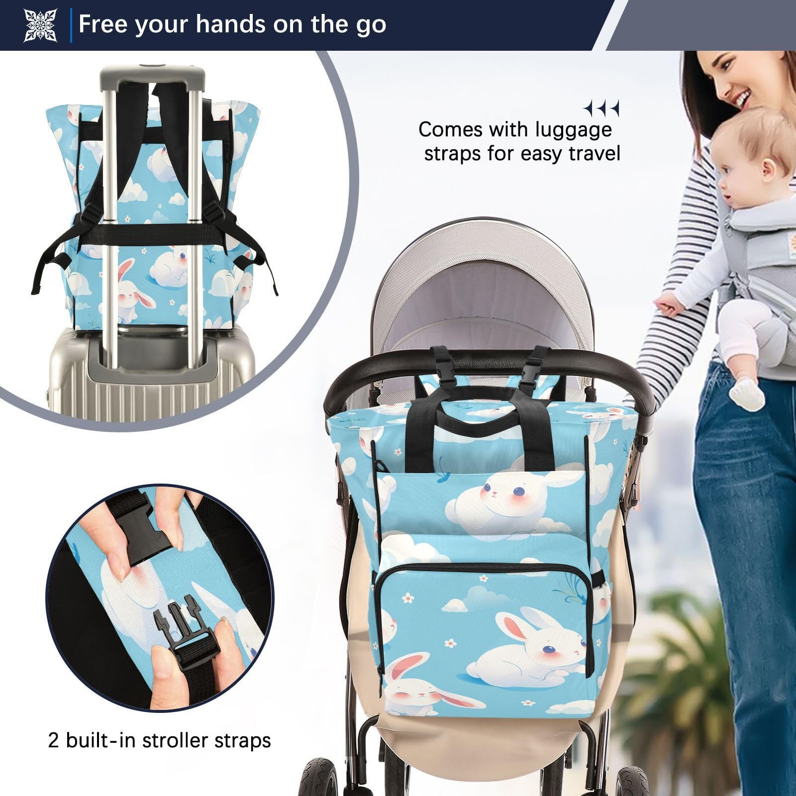 Lindo Conejo Blanco Bolsa de Pañales Mochila de Viaje Gran Capacidad Bolsas para Mamá Papá Mujeres Niñas