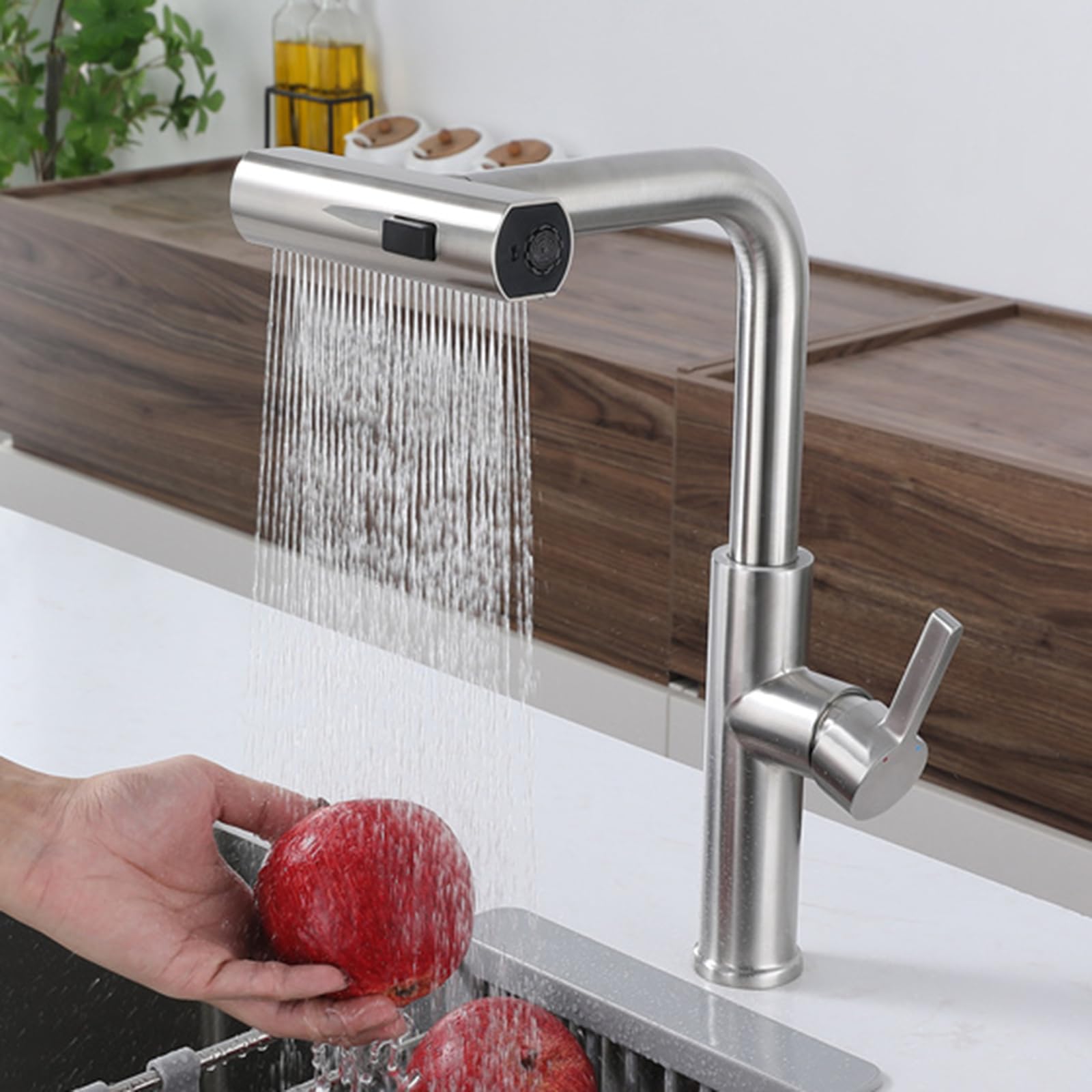 ZYCHSJXA Waterfall Kitchen Taps with Pull Out Spray 3 Modes Brushed Steel Tap 360° Swivel Single Lever Mixer,Brushed