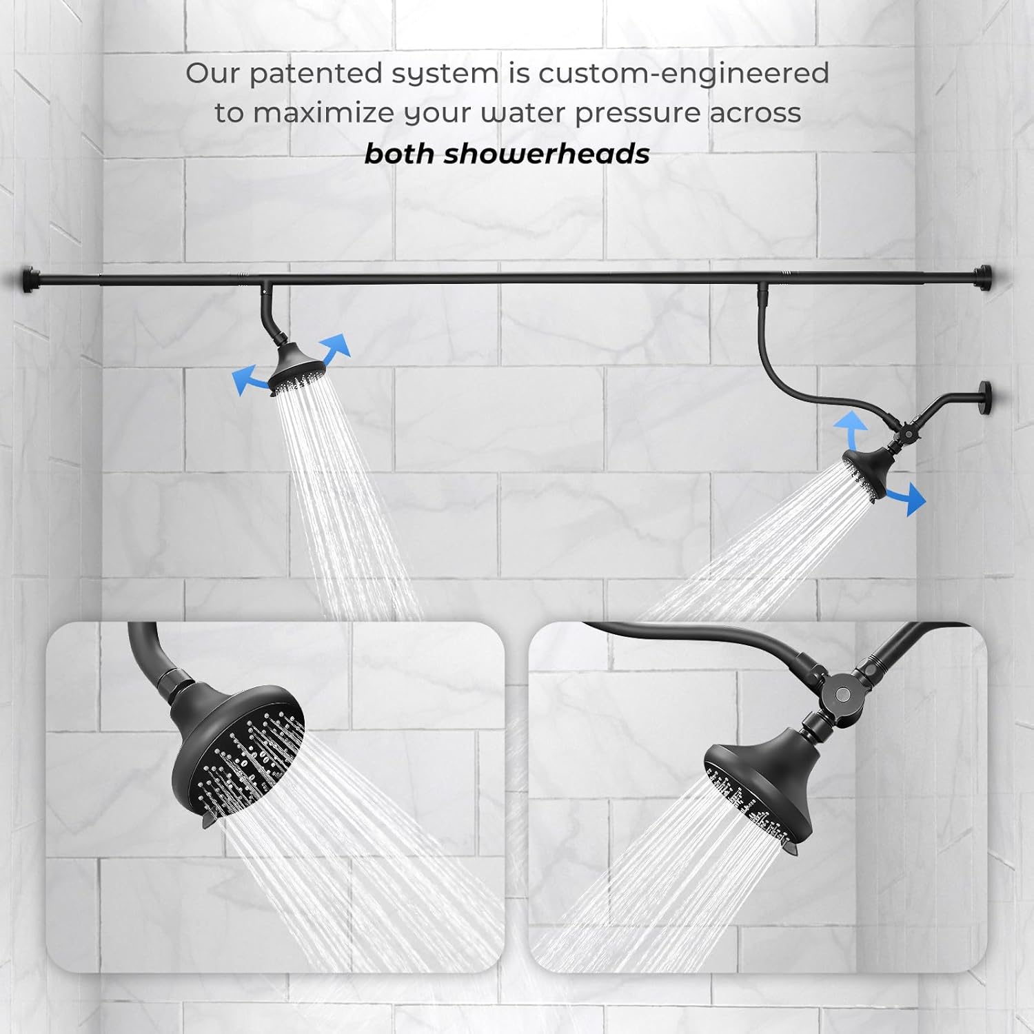 Dual Shower Head for Couples - High Pressure Adjustable Two Showerhead System with 4 Spray Modes, Easy Installation & Anti-Leak Design, Perfect for Two-Person Bathrooms (Black)
