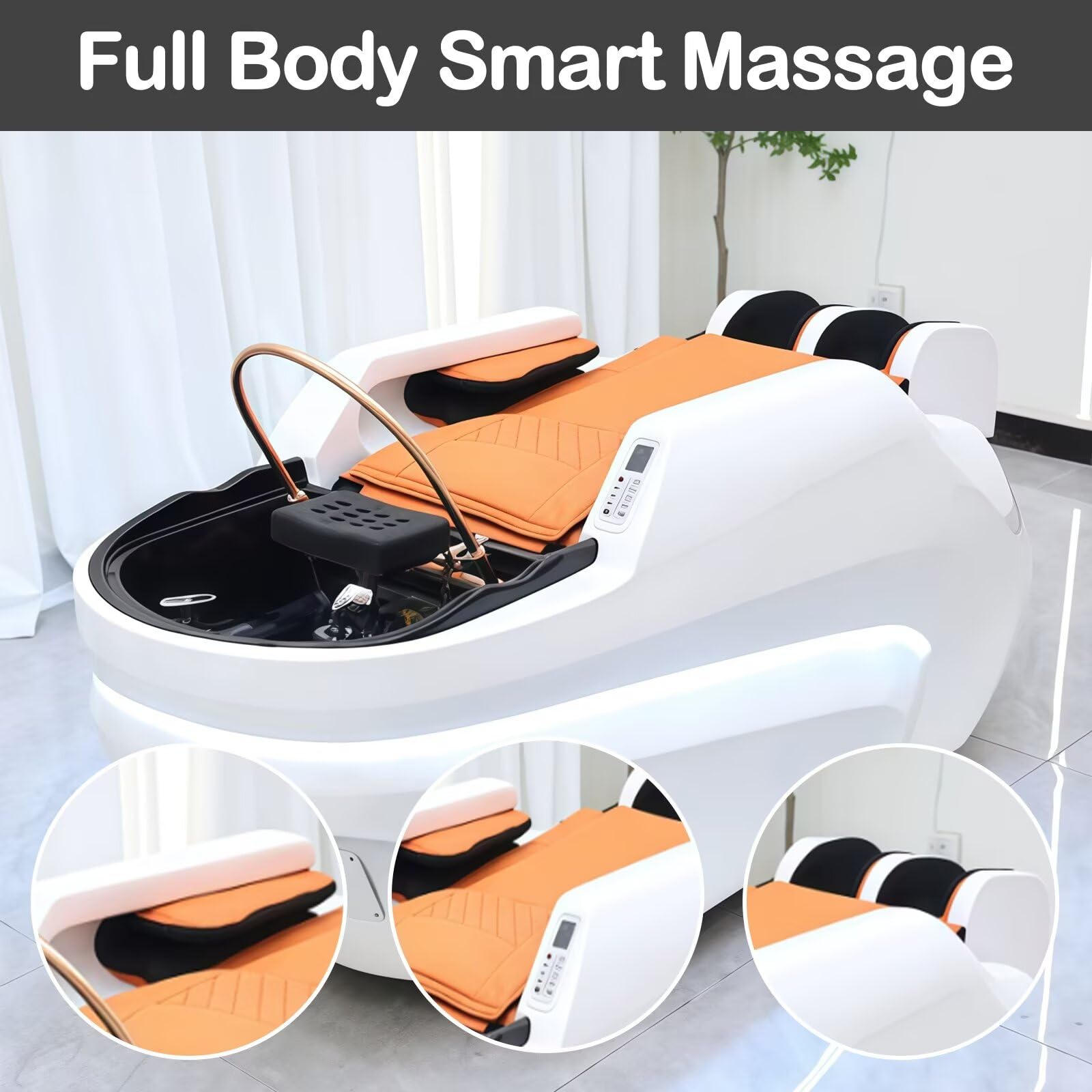 Professionelle Salon-Shampooliege mit multifunktionaler Massage, elegantem weiß-orangem Design, Wasserzirkulation, Beinauflage und Kosmetiktisch-Ausstattung (Weiß)