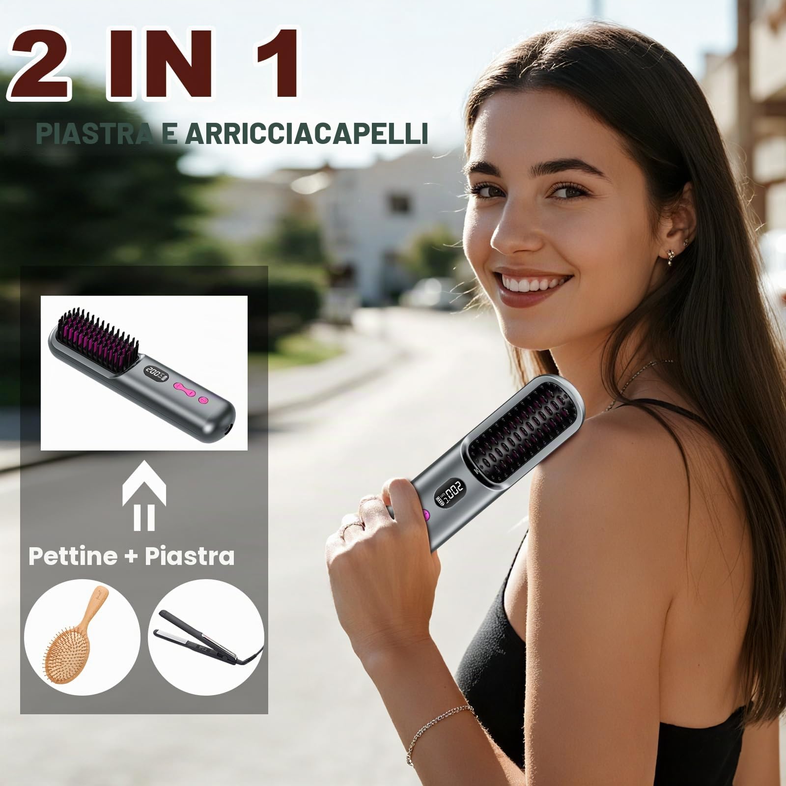 Spazzola Lisciante per Capelli 9600mAh, Spazzola Lisciante Senza Fili 40 Milioni di Ioni Negativi, Riscaldamento Rapido, Pettine Lisciante per Capelli per Viaggio, 4 Livelli di Temperatura (Grigio)