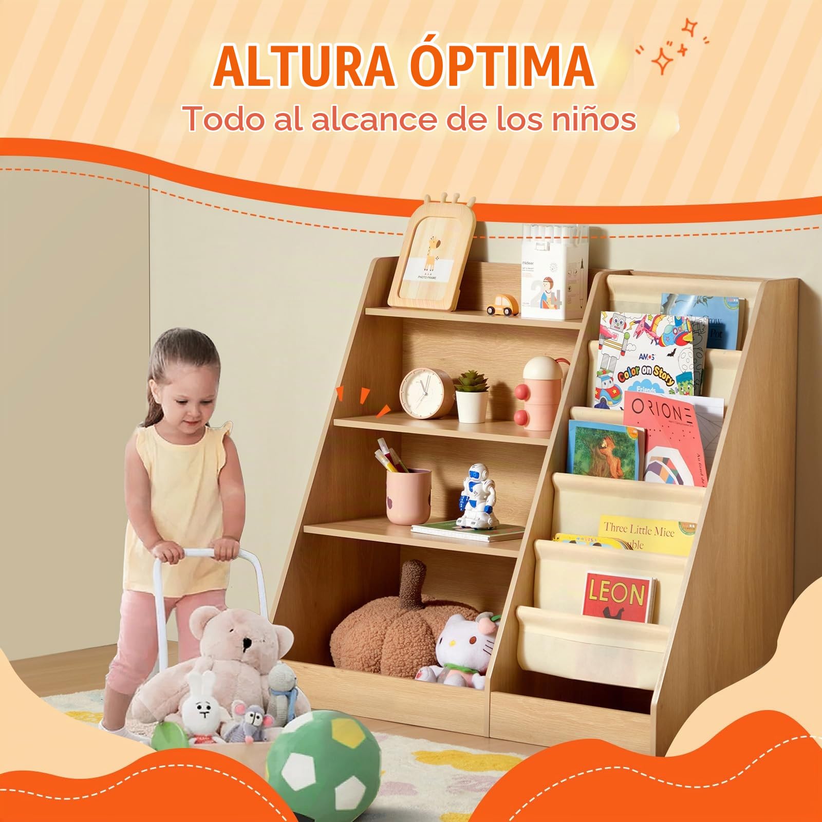 VEVOR Estantería de Madera para Niños de 4 Niveles Librería con Eslinga de Seis Capas Estantería para Libros para Almacenamiento Gabinete Organizador de Juguetes para Libros para Habitación de Niños