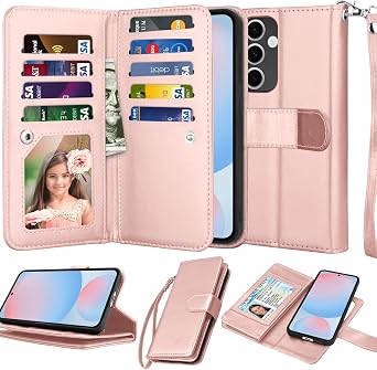 Njjex Wallet Case For Samsung Galaxy S24 FE 5G, for Samsung S24 FE 5G Case, [9 Card Slots] PU Leather ID Credit Card Holder Folio Flip [Detachable] Kickstand Magnetic Phone Cover & Lanyard [Rose Gold]