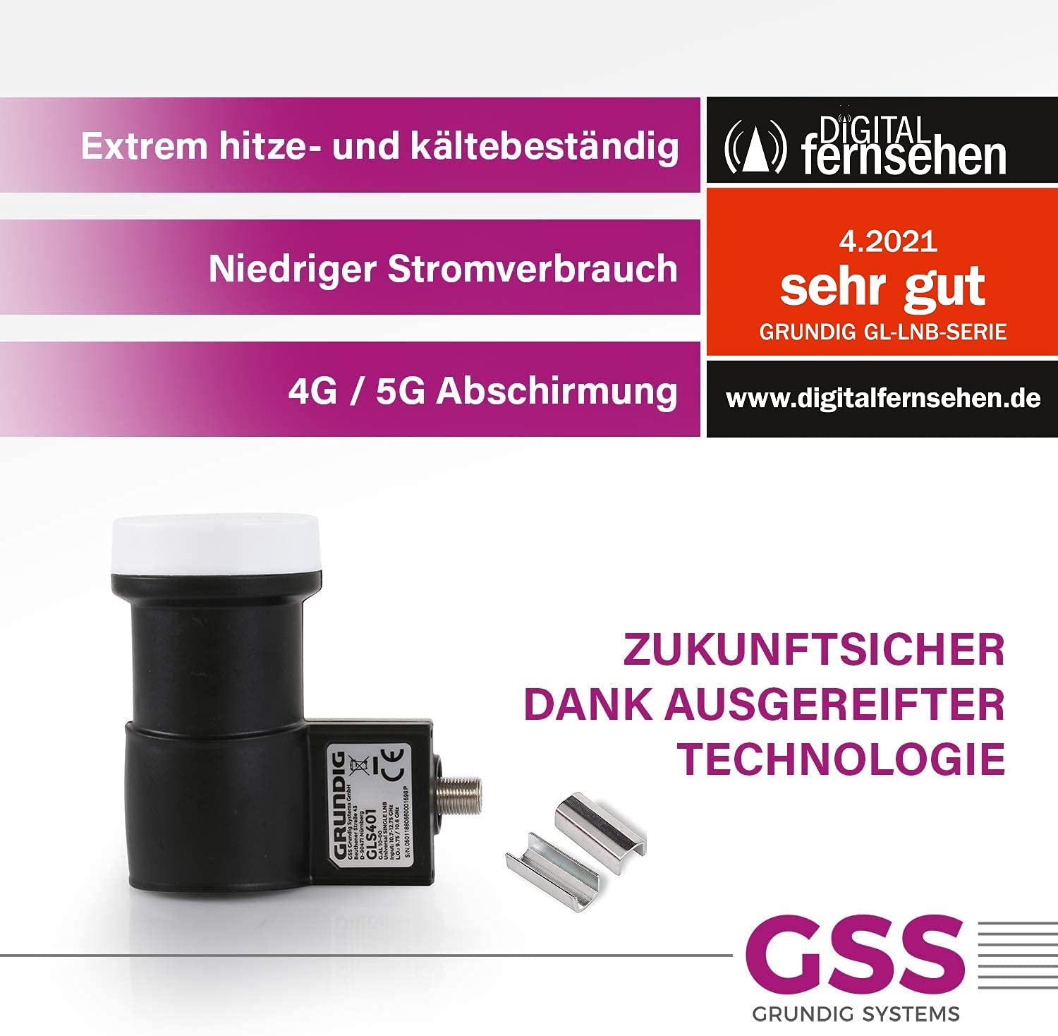 GSS Single LNB para antena parabólica – para 1 participante, LNC digital de 1 compartimento con filtro LTE, recepción Full HD 4K HDTV, para receptor de satélite, antena satélite + ayuda para enroscar