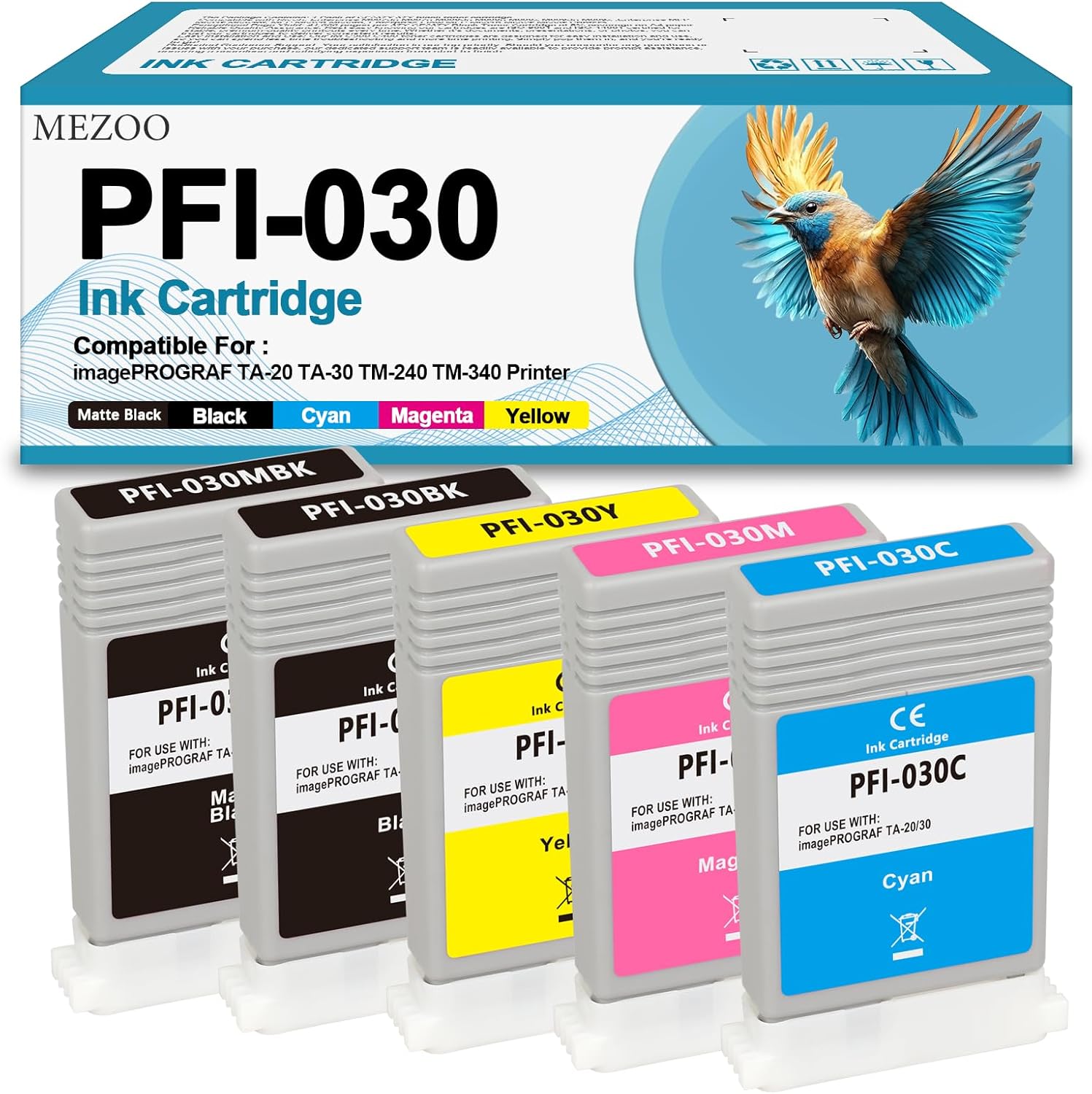 MEZOO PFI030 PFI-030 Ink Cartridge 55-ml High Yield Compatible for Canon PFI-030MBK PFI-030BK PFI-030C PFI-030M PFI-030Y Ink Replacement for Canon imagePROGRAF TA-20 TA-30 Printer (5-Pack)