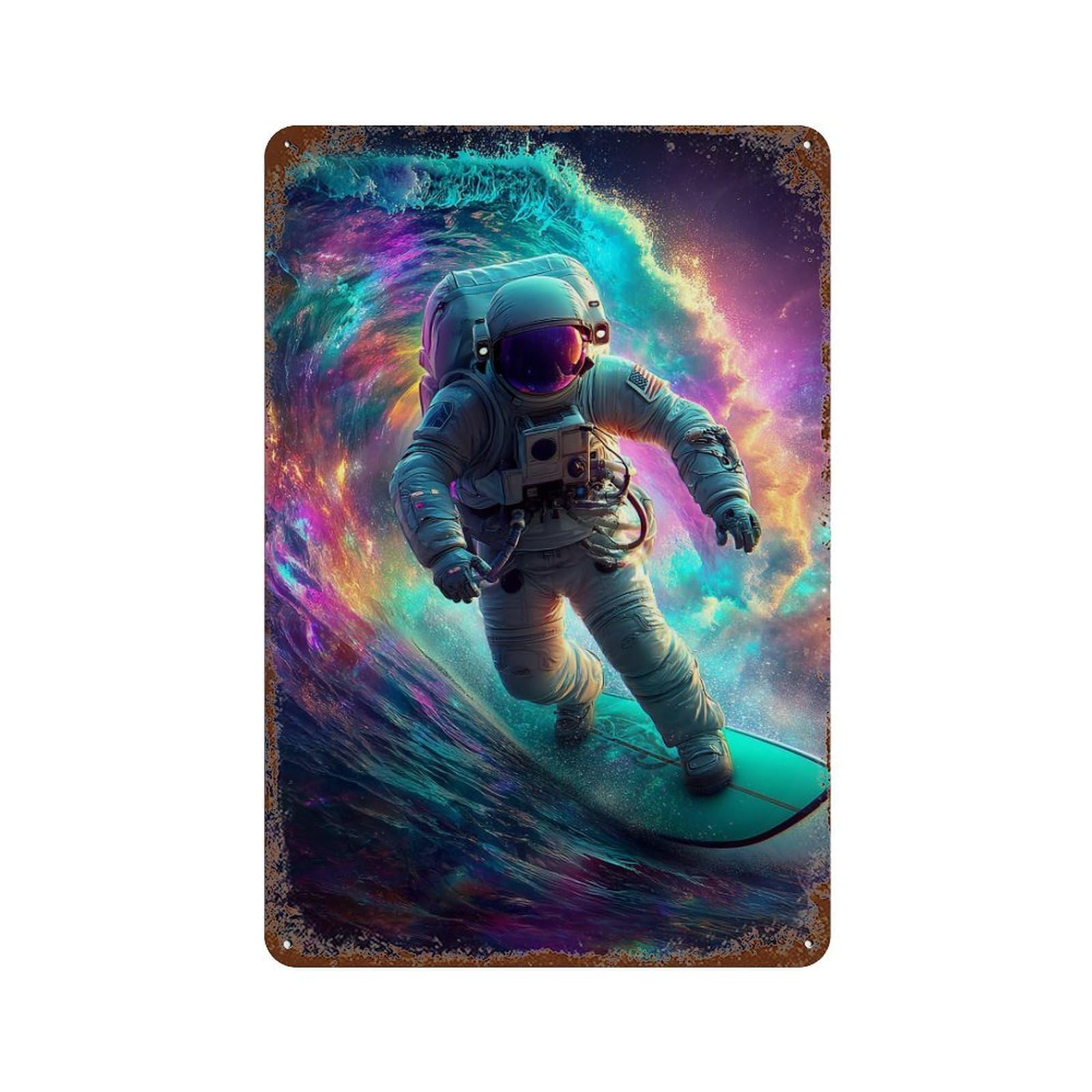 Space Surfing Adventure 11.8"x7.9" Distressed Metal Wall Sign, Industrial Home Decor for Patio, Garden Room And Bar Decor