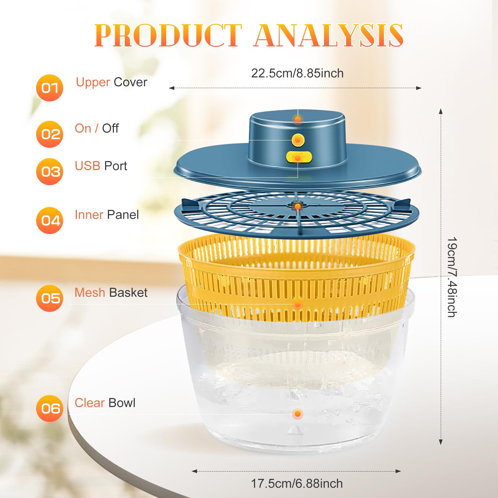 Centrifuga elettrica per insalata, 4 l, grande capacità, per frutta e verdura, centrifuga elettrica USB, centrifuga per insalata e lattuga, automatico, compatto, per la cucina di casa (blu)