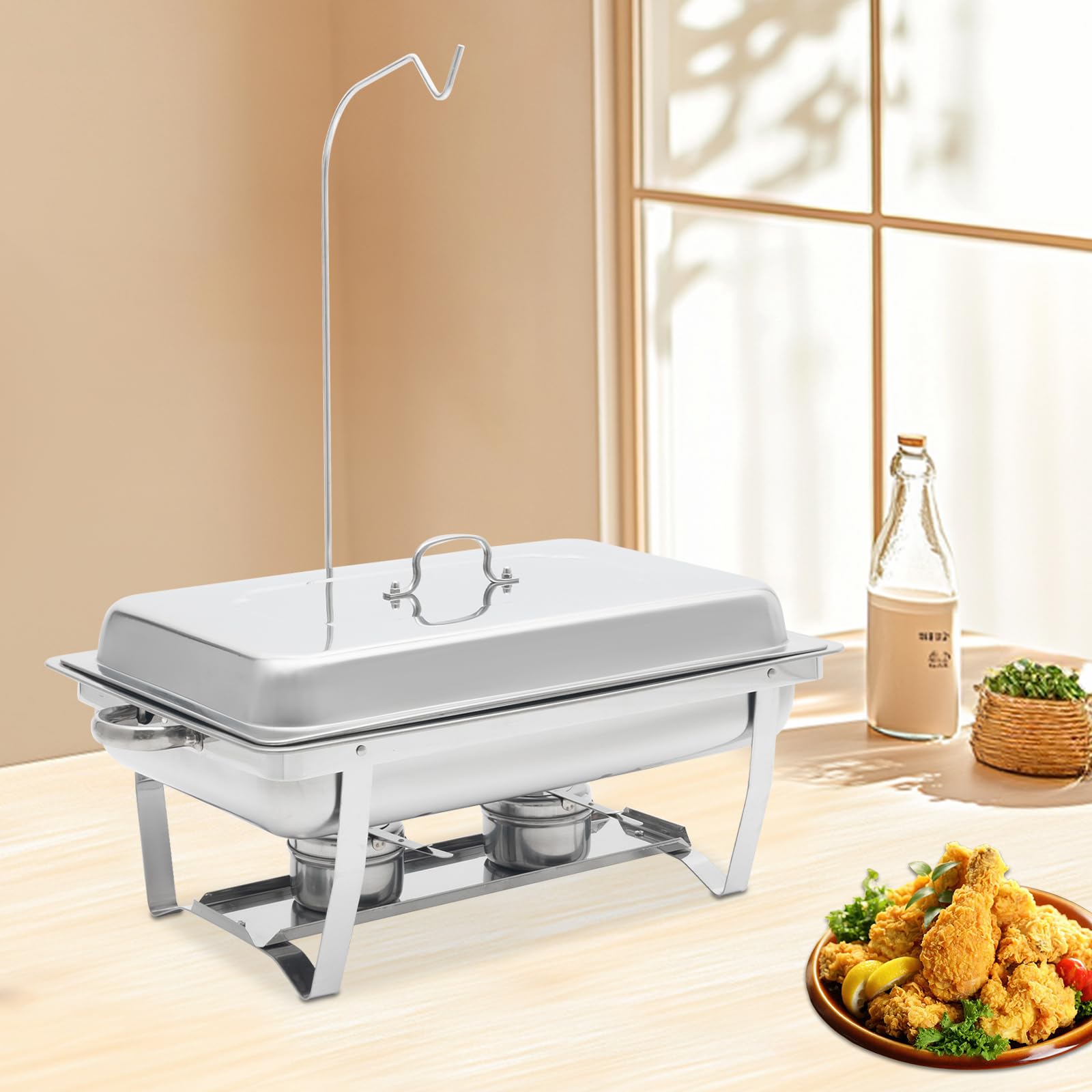 Serbatoio per cibo, scalda 7 l, rettangolare, per catering, con coperchio rimovibile e ferri da appendere, scaldavivande Chafing Dish per alimenti, scalda buffet, argento