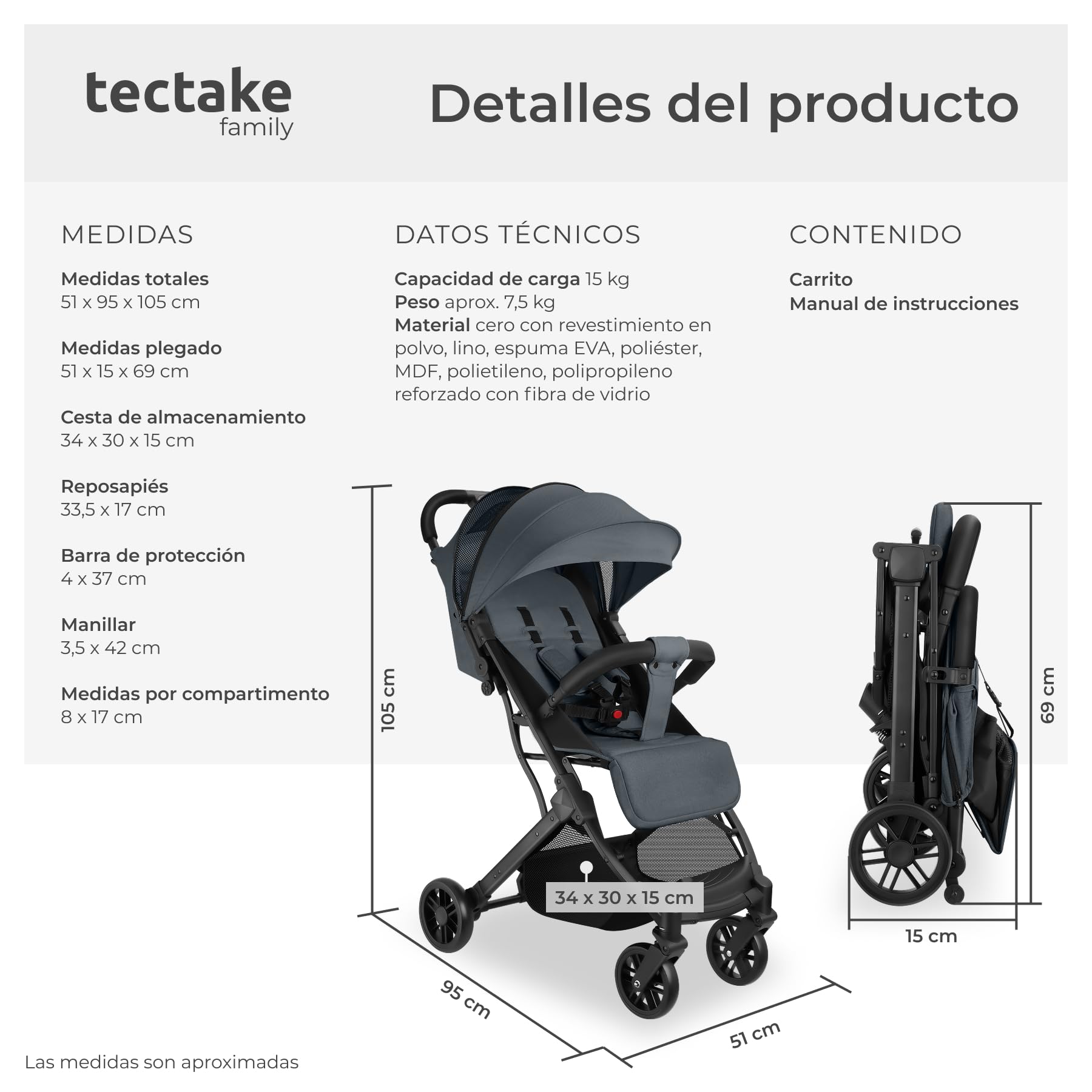 tectake® Carrito de Bebé, Silla de Paseo Plegable, Cochecito Bebés de 0-36 Meses, Arnés de 5 Puntos, Respaldo y Reposapiés Ajustables, Carro de Bebé Compacto, Protección Solar UV - antracita