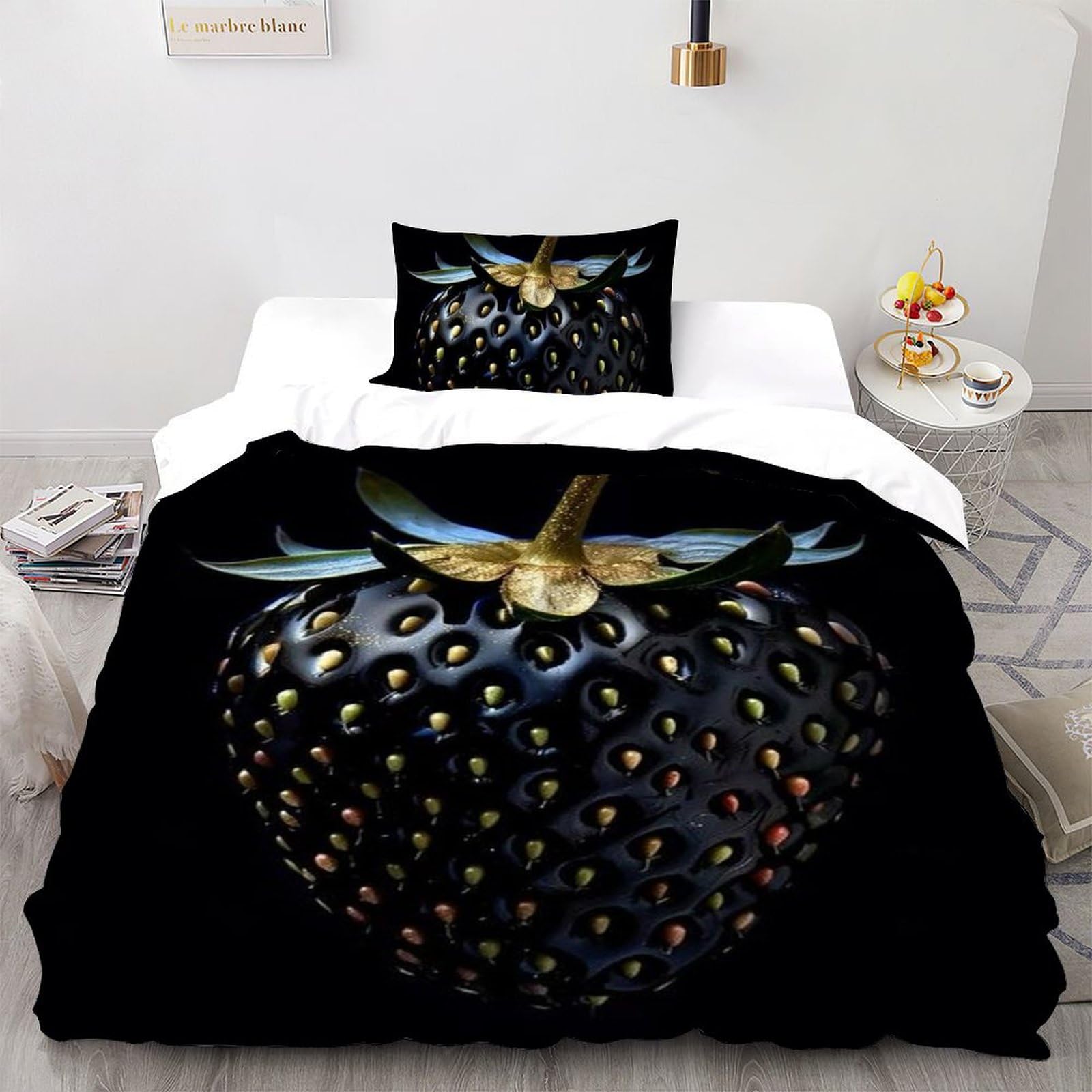 Housse de couette single avec plantes et fraises pour chambre de fille