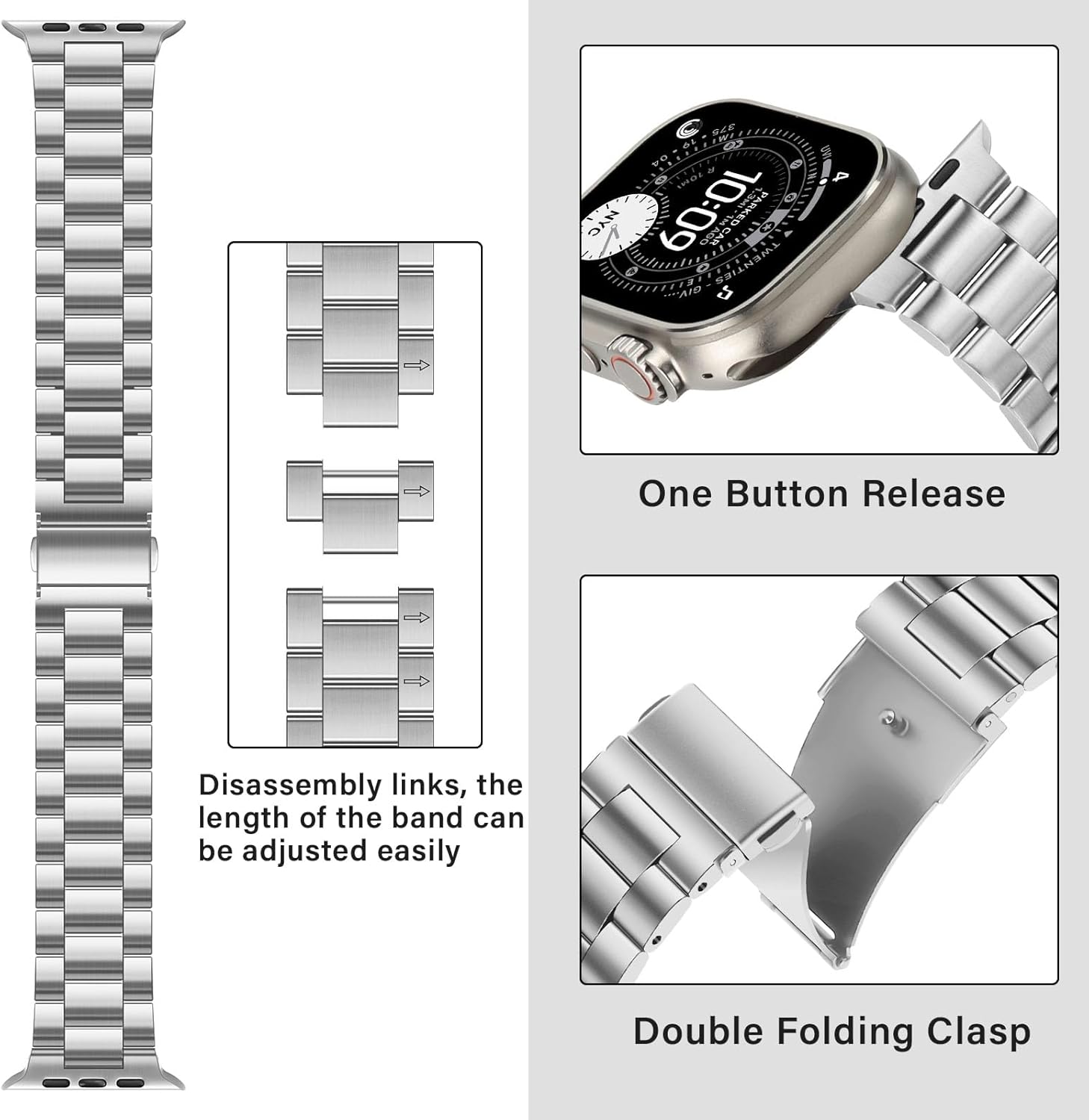 No Tool Needed Bands Compatible with Apple Watch Band 49mm 46mm 45mm 44mm 42mm for Men Women, Detachable Metal Strap for iWatch Ultra 3/2/1 Series 11 10 9 8 7 6-1, SE (Silver) - Image 6