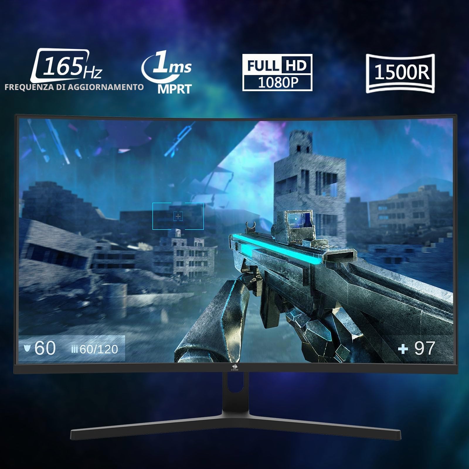 Z-Edge Monitor Gaming Curvo 27'' 165 Hz, 1ms, FreeSync, FHD(1920x1080), Schermo PC Cornice Ultra Sottile 16:9, 1500R VA, Inclinazione Regolabile, 2* HDMI2.0 & DP1.4, VESA 100*100mm(Cavo HDMI Incluso)