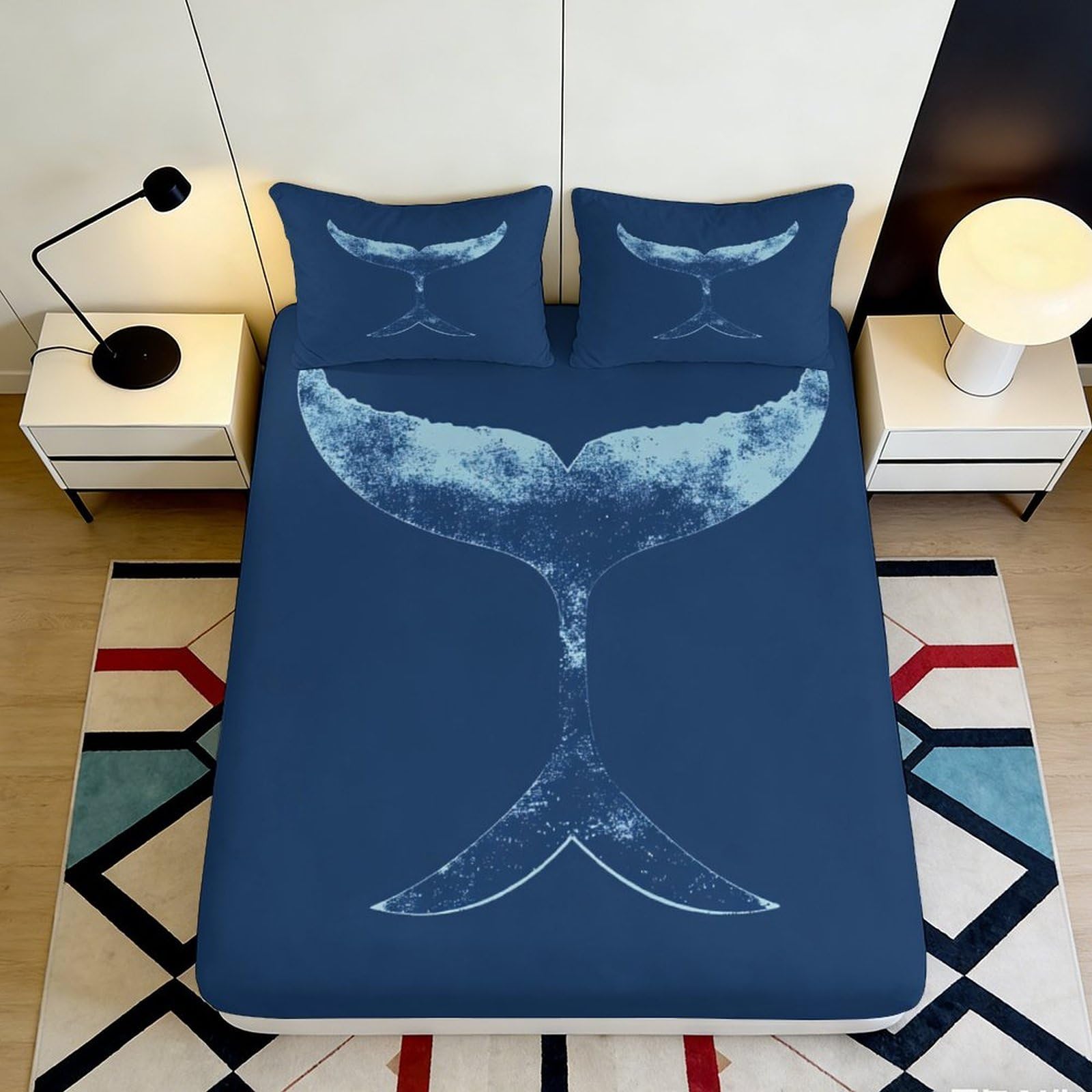 3D Printed Whale Tail Fitted Sheet Microfiber Deep Pocket Bedroom Bedding Non-Slip Whale Tail Mattress Fitted Cover Washable for Adults 90x200x25cm 90x200x25cm