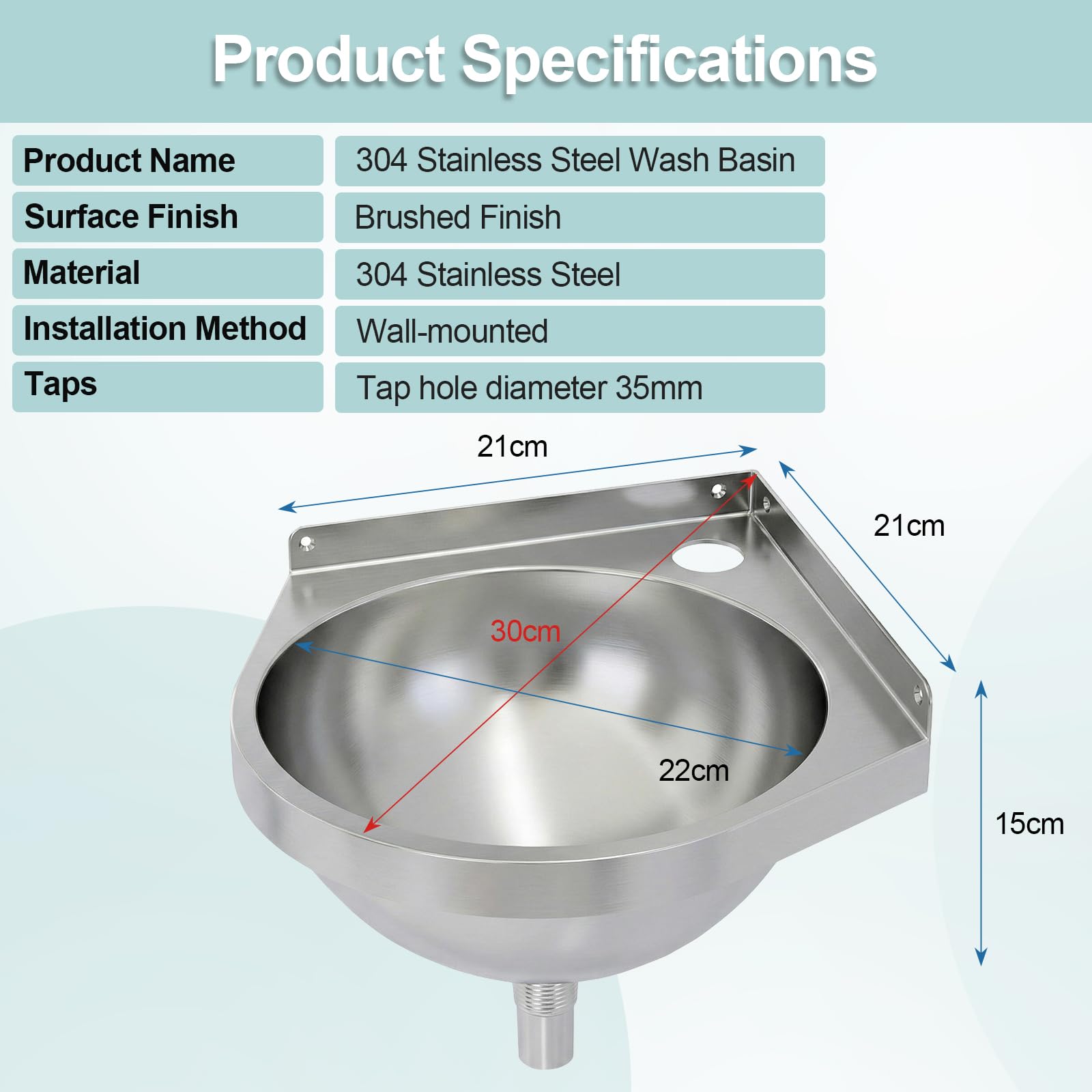 Lavabo angolare in acciaio inox con rubinetti per acqua calda e fredda, 21 x 21 x 15 cm, montaggio a parete, triangolare, salvaspazio, lavello singolo per cucina, camper, bagno, toilette