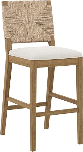 Miniatura 6 de Nathan James Beacon Taburete de bar bohemio Boucle con respaldo, silla de isla de cocina altura de barra, taburete de bar Seagrass, color crema