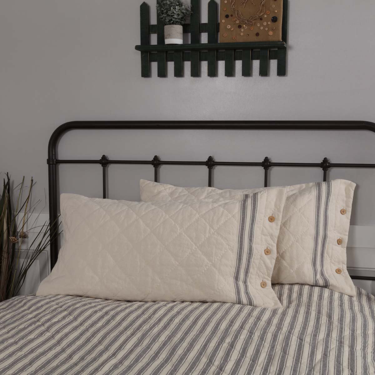 Piper ClassicsMarket Place Gray Quilted King Pillow Sham, 21" L x 37" W, Cream w/Grain Sack Stripe & Button Details …