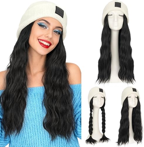 S-noilite White Beanie Wig Hat with Hair Attached for Women Knitted Beanie Wigs 