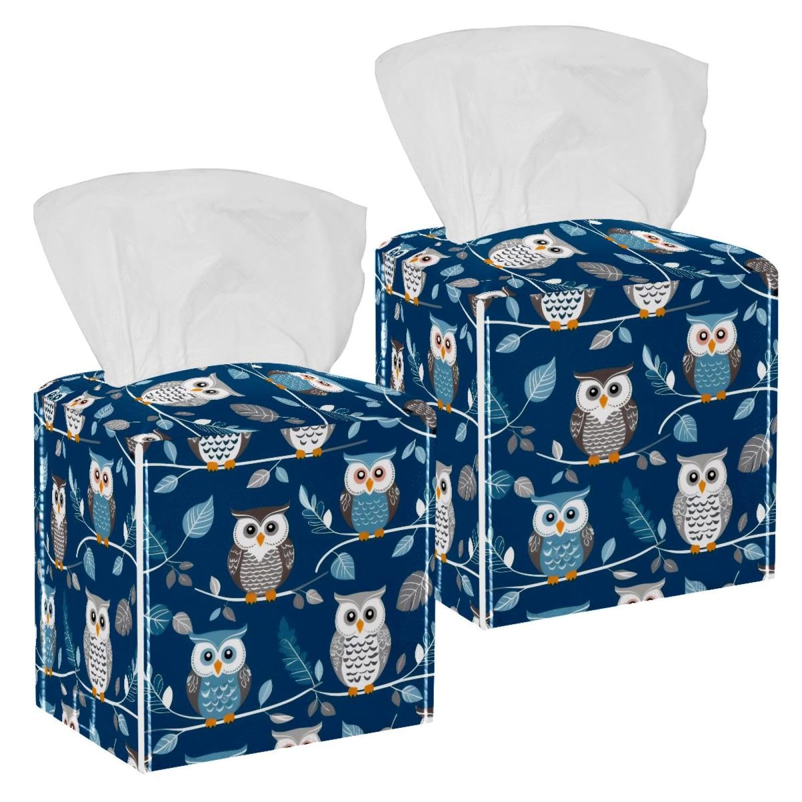 Cute Owl Tissue Box Cover, 2 Pack PU Leather Square Facial Tissue Dispenser Box holder for Home Office Car