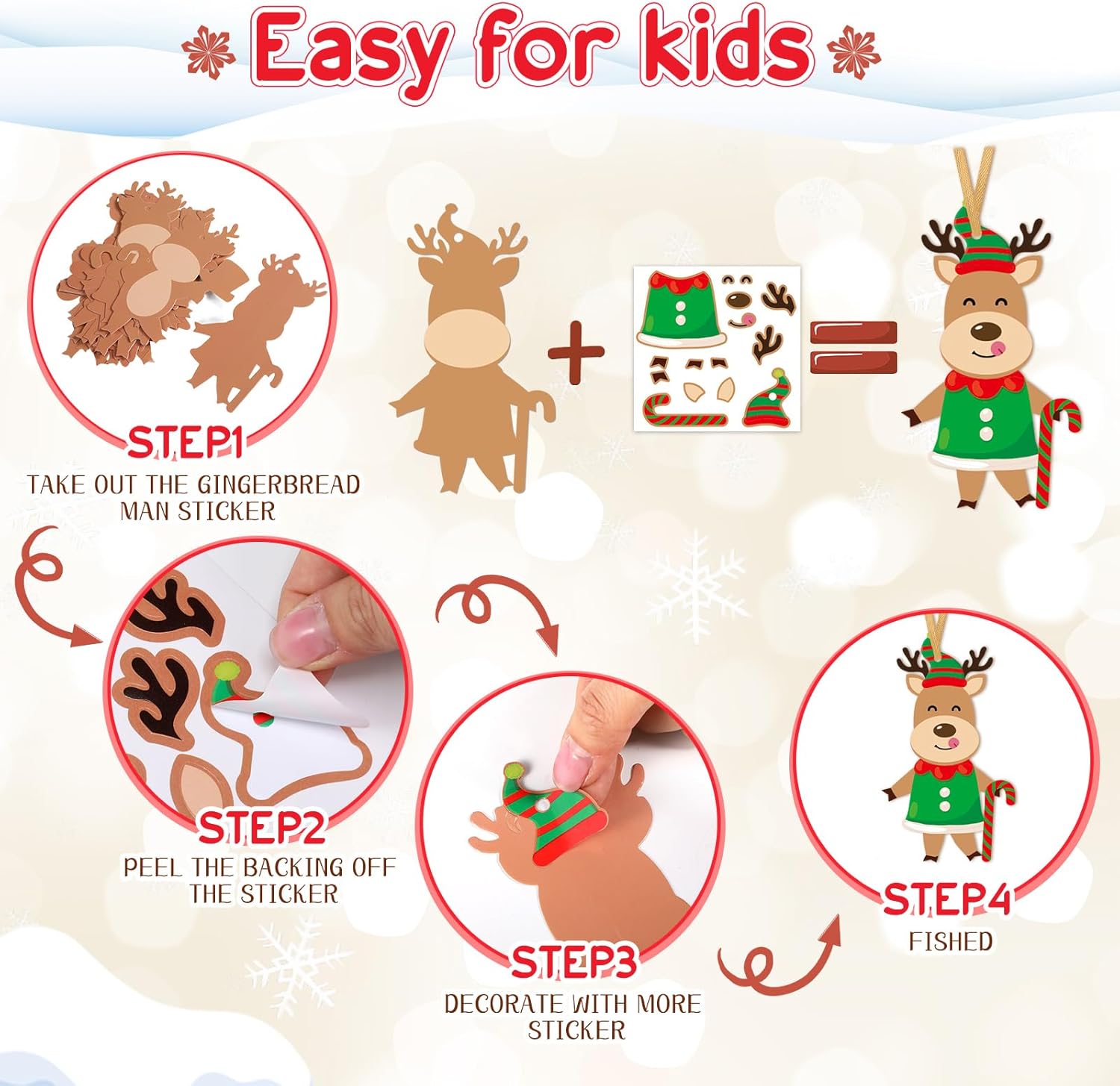 Dianelhall 50 Pcs Christmas Reindeer Craft Kit for Kids DIY Christmas Ornaments Craft Kit Fun Make Your Own Christmas Reindeer Sticker Accessories Craft Project for Xmas Tree Home Class Decoration