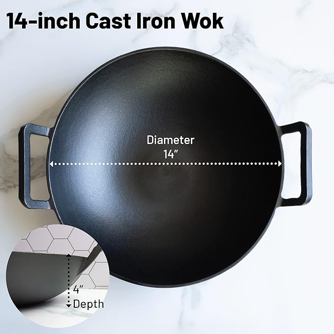 Wok de hierro fundido de 14 pulgadas con base plana y mangos miniatura 3