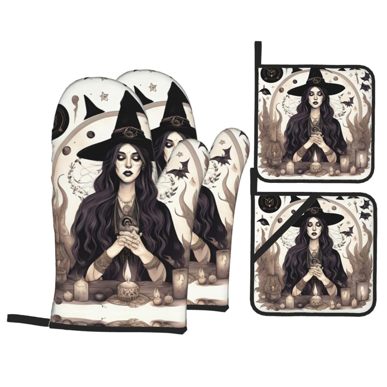 Magic Witch Witchcraft Bohemian Drawing Print Oven Mitts,Pot Holders, Heat Resistant Oven Mitts Gloves,Hot Pads for Kitchen Cooking Grill