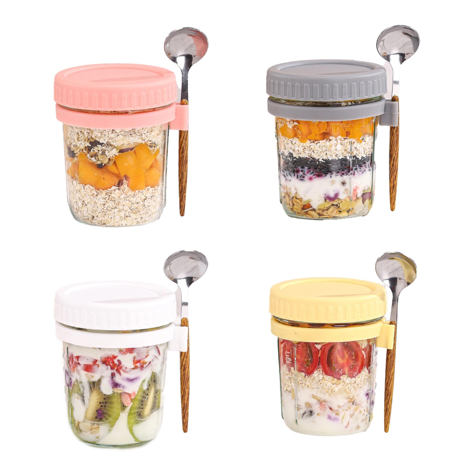 Onezebra 4-Pack Reusable Overnight Oats Jars With Lid & Spoon - 11.8 Oz Airtight Mason Jars With Measurement Marks For Oats, Salads, Yogurt, Cereal, And Milk