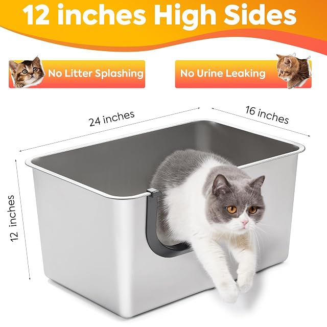 Foto 2 de 8 de Yangbaga Caja de arena XXL de acero inoxidable de alta cara para gatos