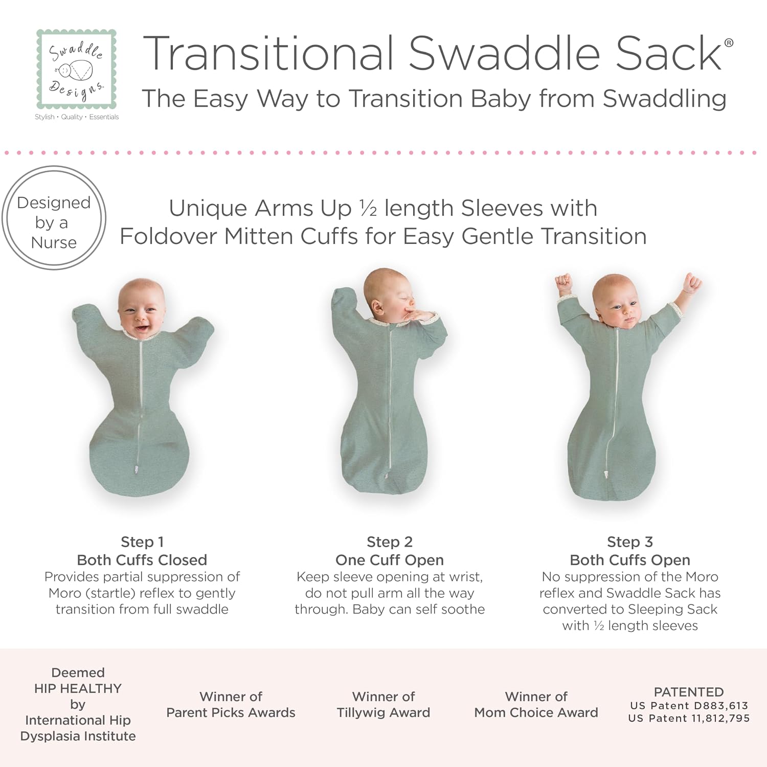 SwaddleDesigns 6-9 Mo Baby Sleep Set, Jadeite and Watercolor Peachy Pink Floral, Transitional Swaddle Sack with Arms Up Half-Length Sleeves & Mitten Cuffs and Softest Cotton Muslin Crib Sheet