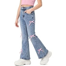 Girls Y2K Flare Jeans, Bow & Ripped Bell Bottom Denim Pants, 6-13Y