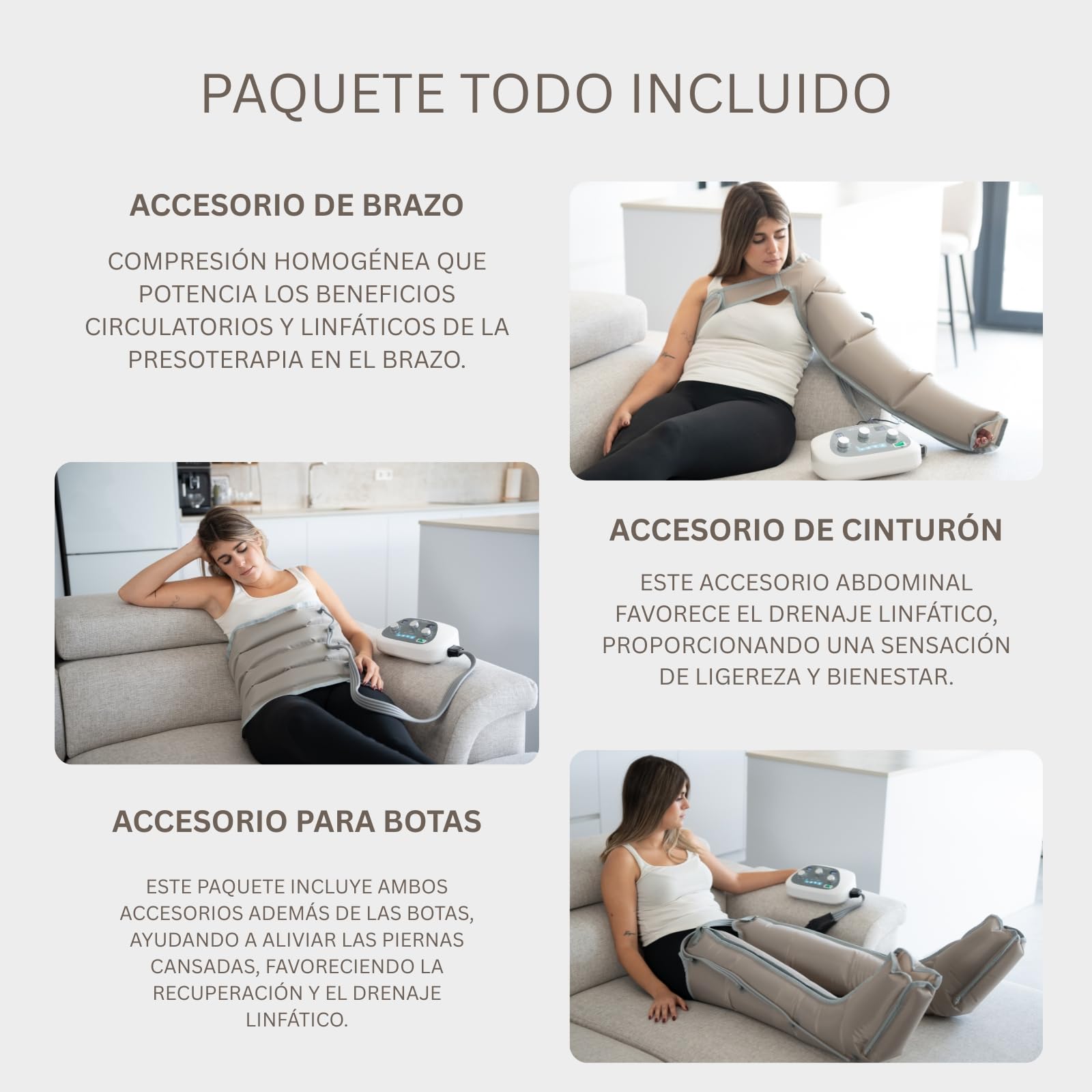 Presoterapia para Casa, para Piernas y Pies Cansados, 4 Cámaras Superpuestas, Favorece la Circulación y el Drenaje Linfático, Fácil de Usar, Eficacia Avanzada (Dispositivo, Perneras, Faja y Brazo)