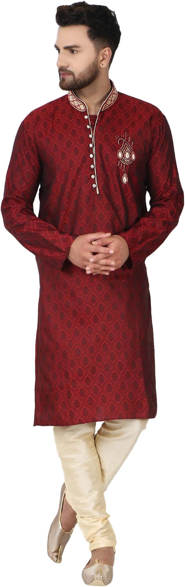 Men's Tunic Jacquard Silk Kurta Pajama Wedding Party Suit Dress Set Paisley Print