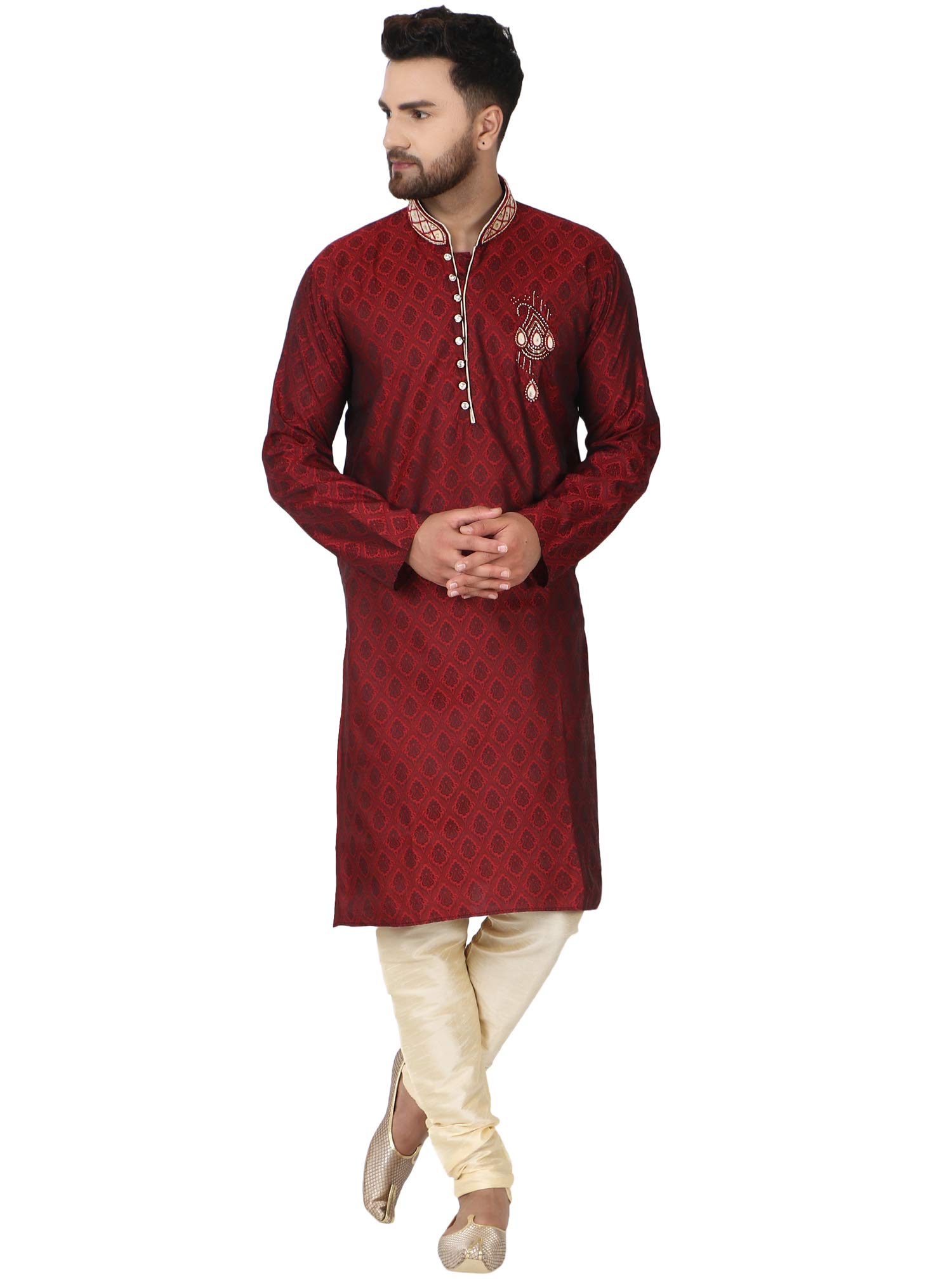 Men's Tunic Jacquard Silk Kurta Pajama Wedding Party Suit Dress Set Paisley Print