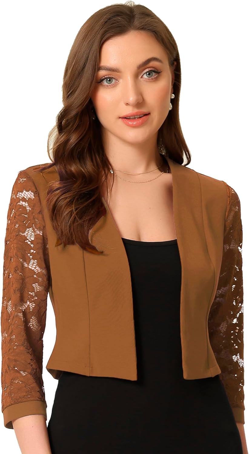 Allegra K Lace Shrug for Women 3/4 Sleeve Open Front Work Office Cropped Sheer Cardigan Formal Bolero Jackets