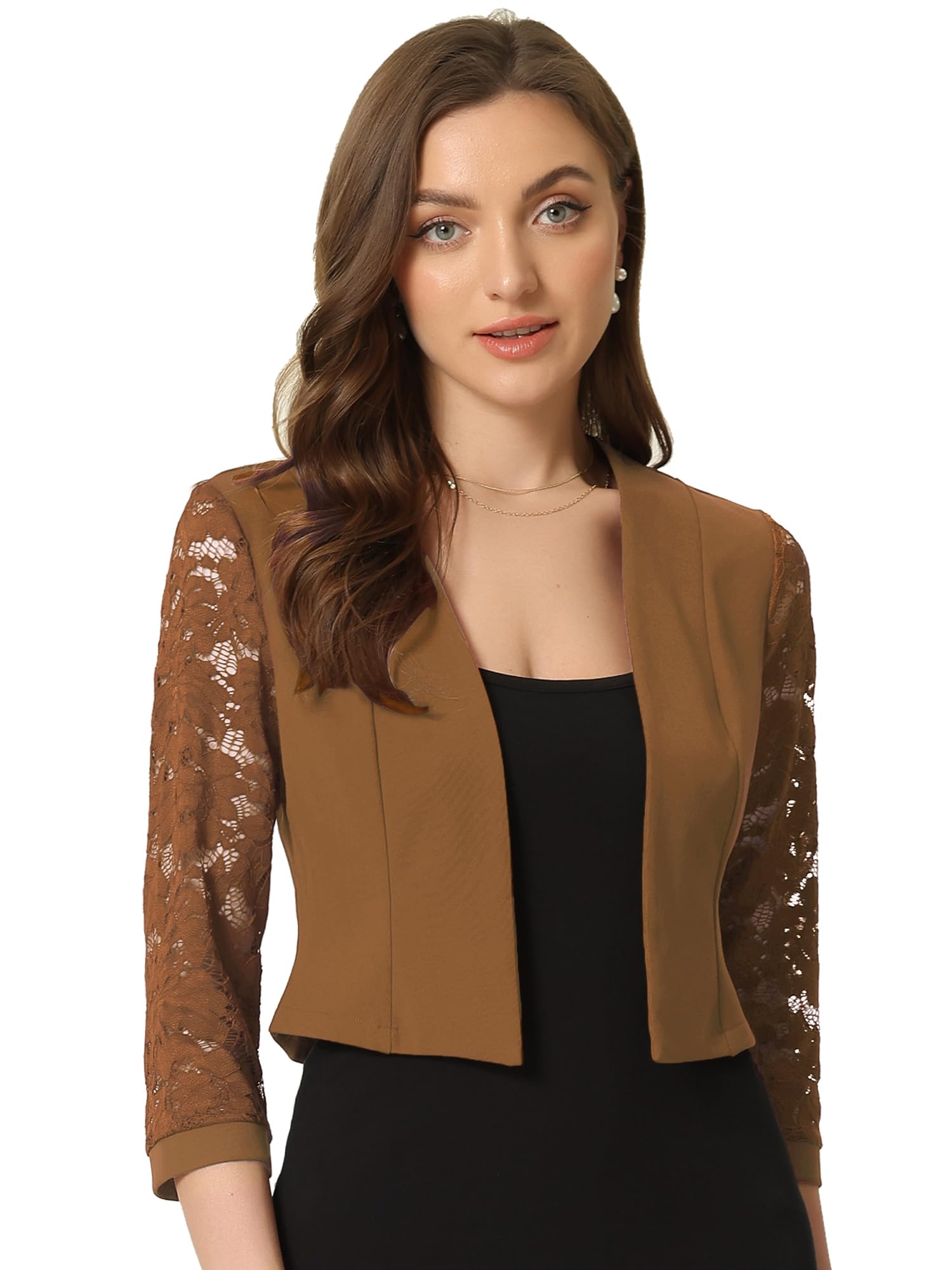 Allegra K Donna Abito Cardigan Pannello in Pizzo Aperto sul Davanti Manica Lunga Lavoro Ufficio Crop Bolero Coprispalle