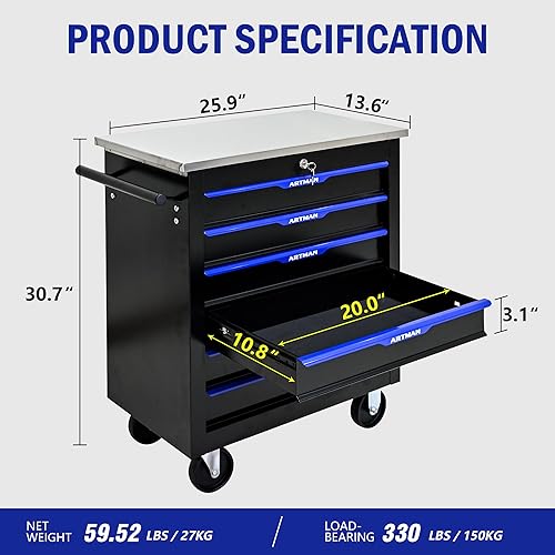 Miniatura 4 de Caja de herramientas con ruedas con 6 cajones, armario multifuncional para herramientas con cerradura, cajones, carrito de herramientas rodante,