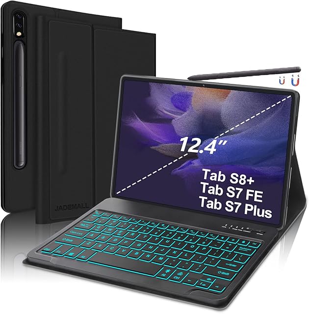 Keyboard Case for Samsung Galaxy Tab S7 FE / S7 Plus / S8+ / S8 Plus 12.4'', Wireless Bluetooth Backlit Detachable Keyboard with Stand Cover, Keyboard