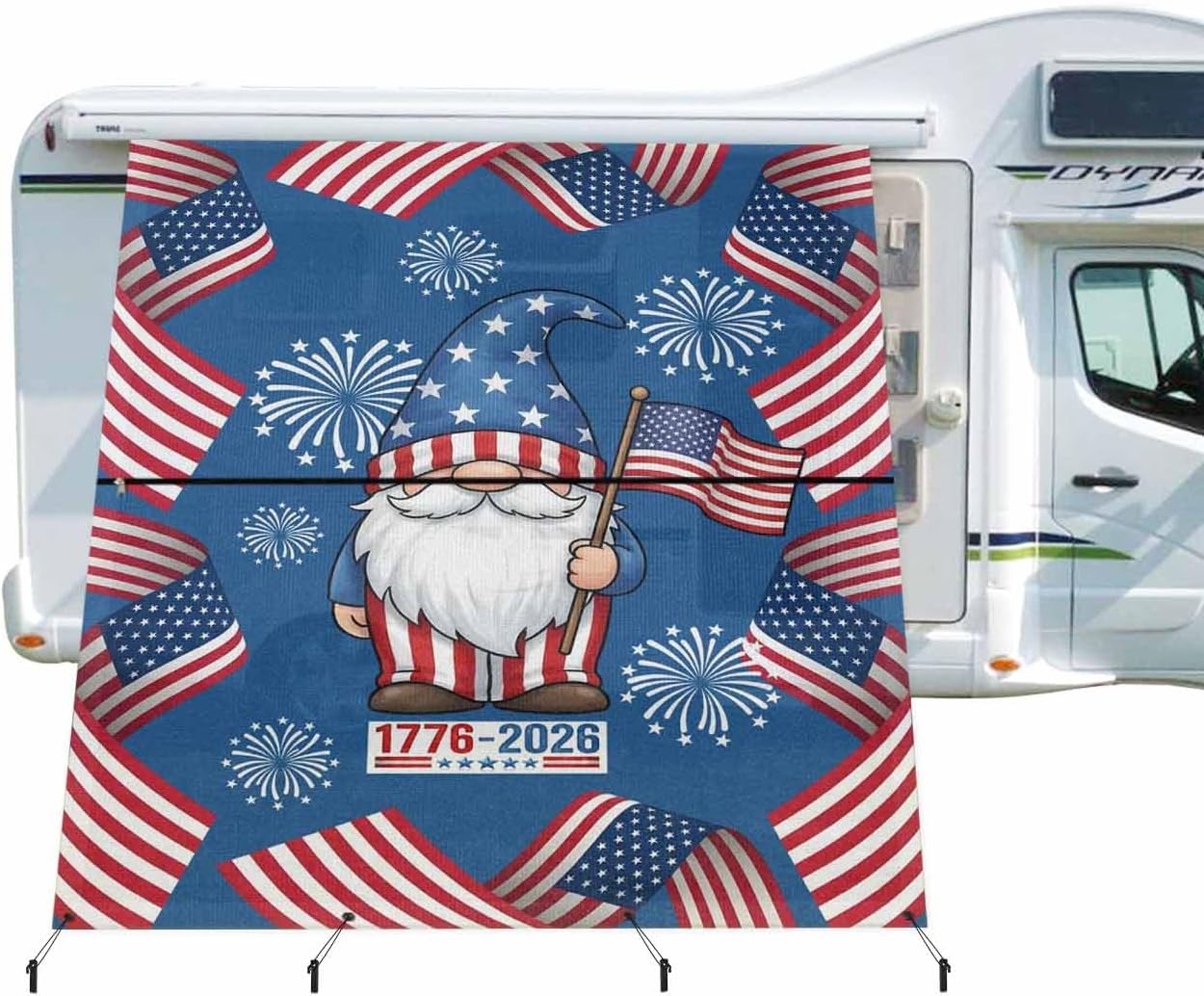 RV Awning Sun Shade Screen 9' x 7', 250 Year American Anniversary Flag Mesh RV Awning Shades Complete Kits, Blue Gnomes Fireworks Sunlight Blocker Outdoor Canopy for Camping Trailer Motorhome