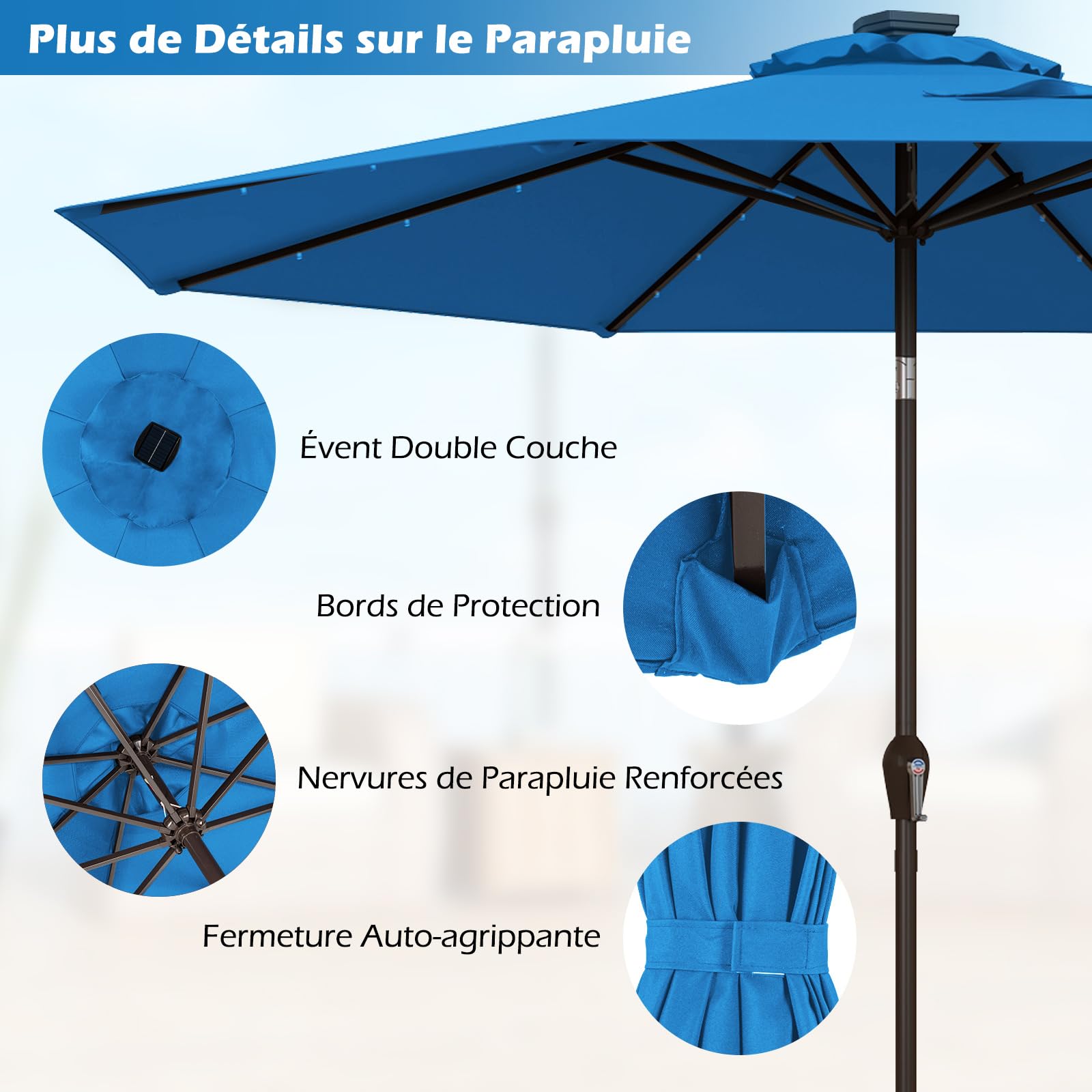 COSTWAY Parasol de Jardin Extérieur Ø 300 CM, Lumineux Solaire avec 24 LED, Inclinable avec 8 Baleines Métalliques Robustes, pour Balcon Jardin Terrasse (Bleu Clair)