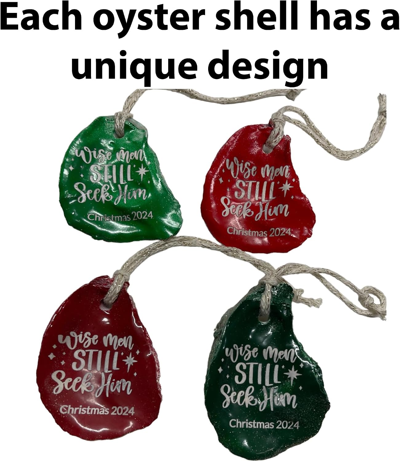 Handmade Christmas Ornament, Oyster Shell, Handpainted, Laser Engraved with Words: Wise Men Still Seek Him, 2024 (Christmas Red)