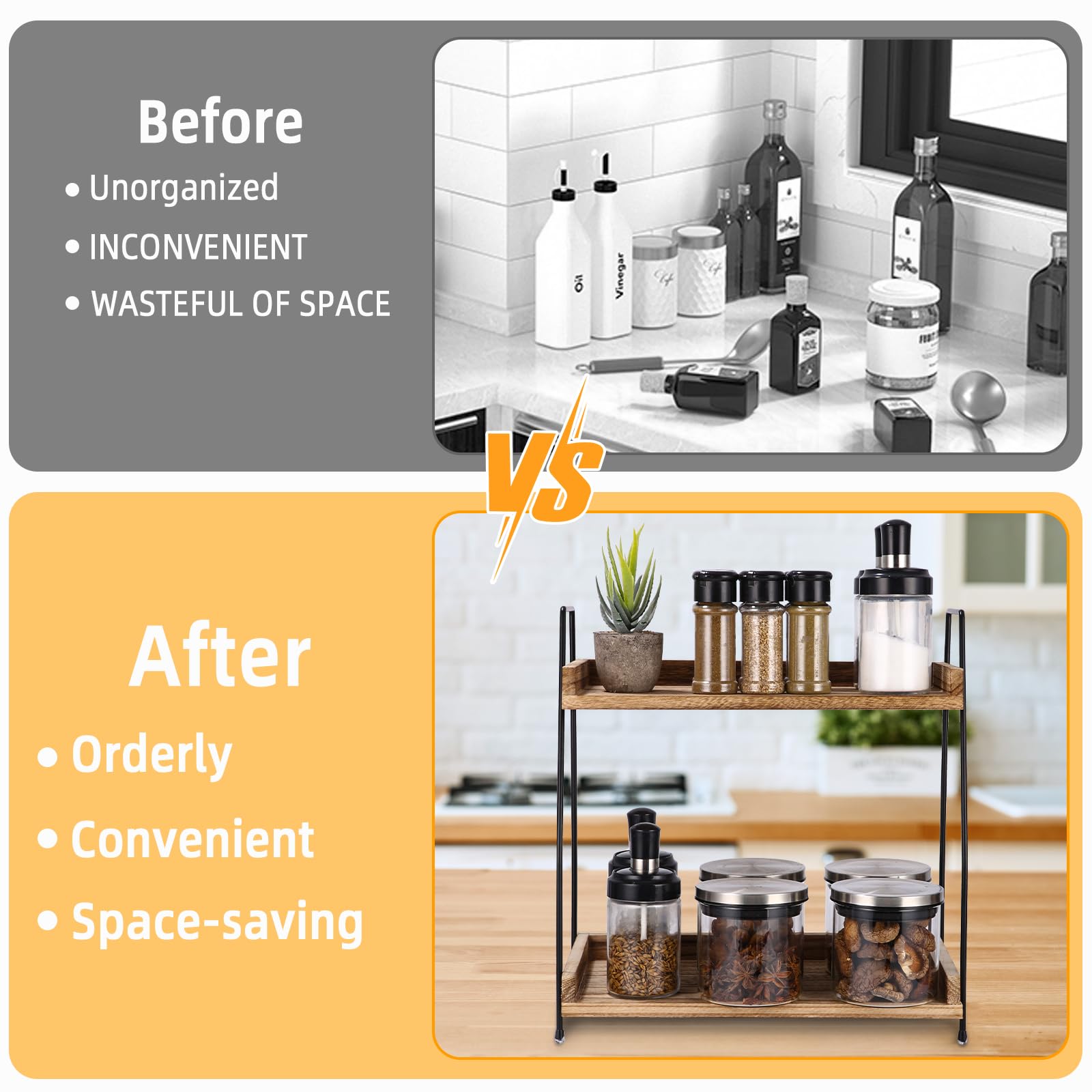 Scaffale Portaoggetti a 2 Ripiani per Caffè e Accessori Bar in Legno - Organizer per Cucina, Casa, Ufficio