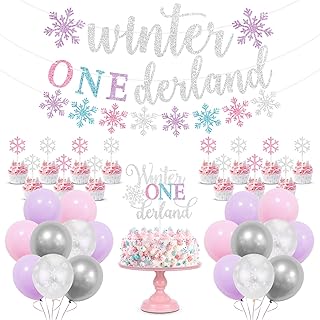 Winter Onederland 1st Birthday Party Decorations, Glitter Pink Purple Silver Winter Onederland Banner, Cake Topper, Snowflake Balloons Garland for Winter Wonderland Girls First Birthday Party Supplies