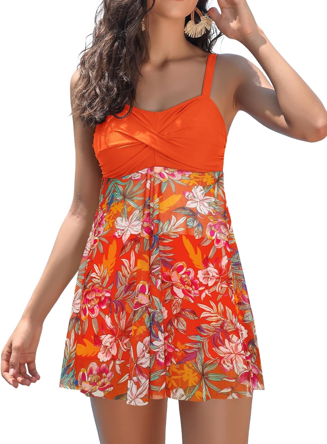 SHEKINI Women's Twist Front One Piece Swimsuit Dress Net Yarn Printing Bathing Suits Swimdress