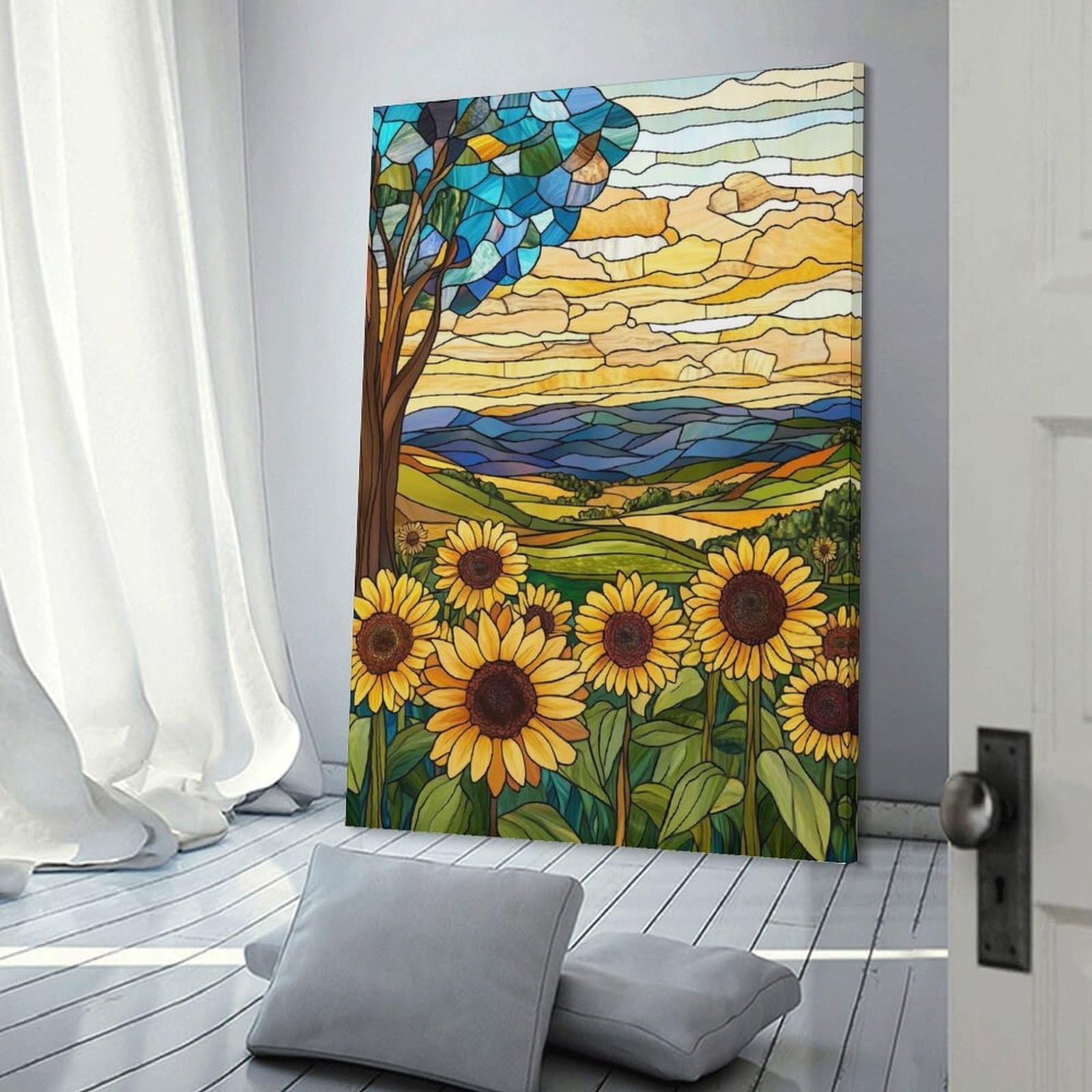Junmoney Stained Glass Sunflower Field Decorative Canvas Print 12x18inch(30x45cm), for Corridors, Hallways Or Apartment Entries, Decorative Wall Art for Narrow Spaces