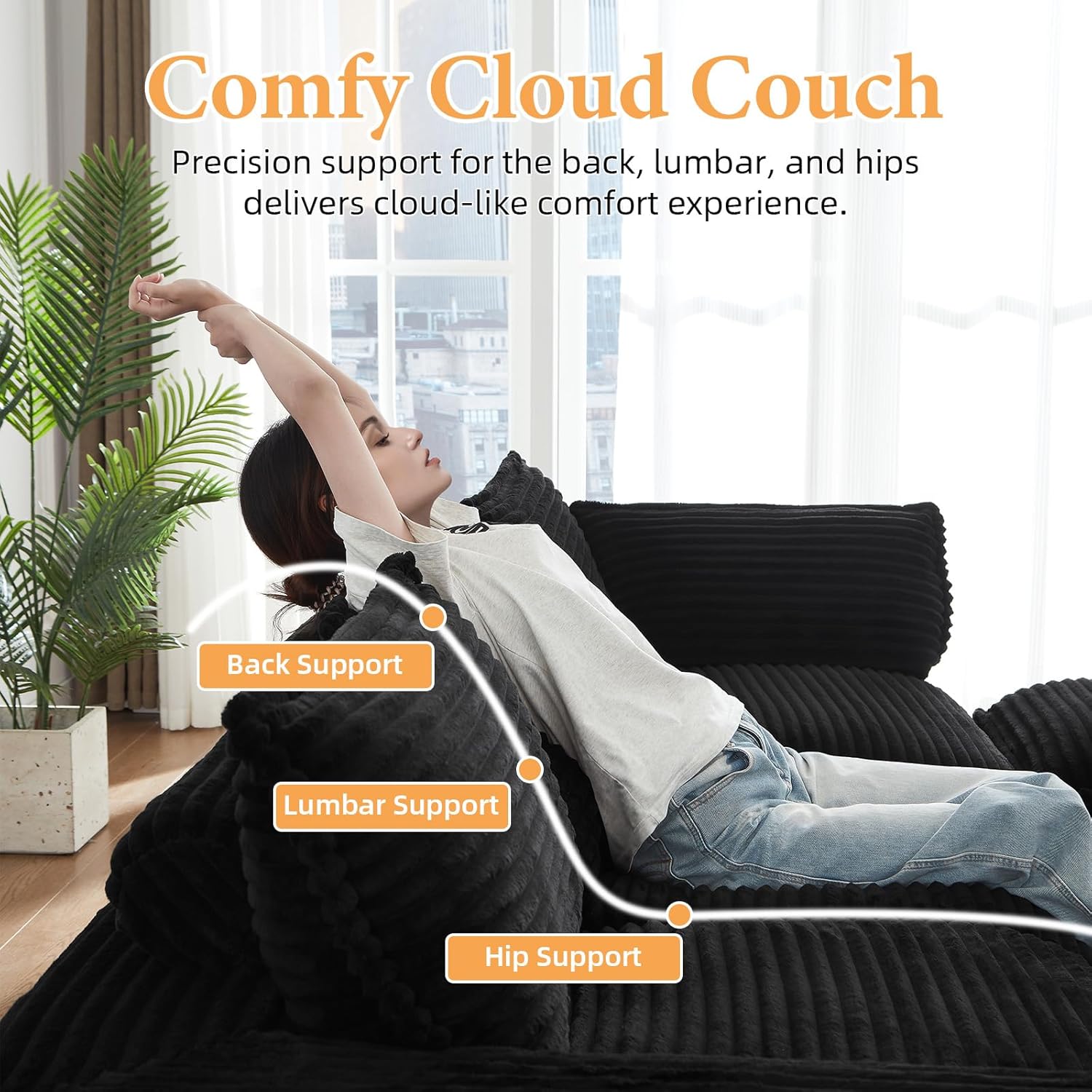 Convertible Modular Sectional Cloud Couch, Comfy Corduroy Loveseat Boneless Couches with Deep Seat, Modern Upholstered 2 Seater Sofa with Ottoman for Living Room (Black, Loveseat)