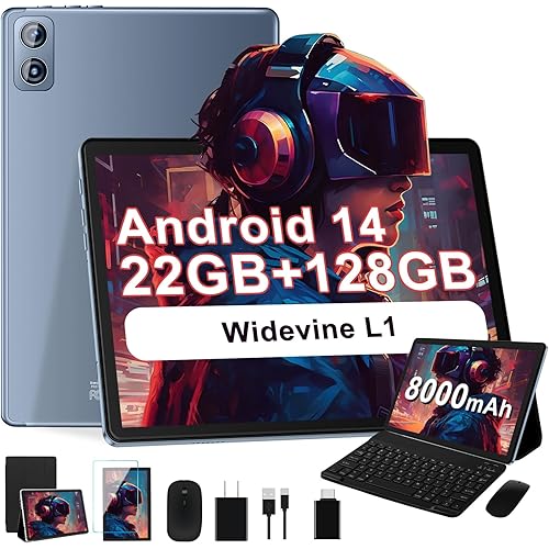 Android 14 Tablet, 22G+128G/1TB Expansion, 10 inchTablets with 8000 mAh Battery,Octa-Core, GPS, Split-Screen, FaceUnlock, 2 in 1 Tablet with Keyboard, Mouse, Case, Metal Grey