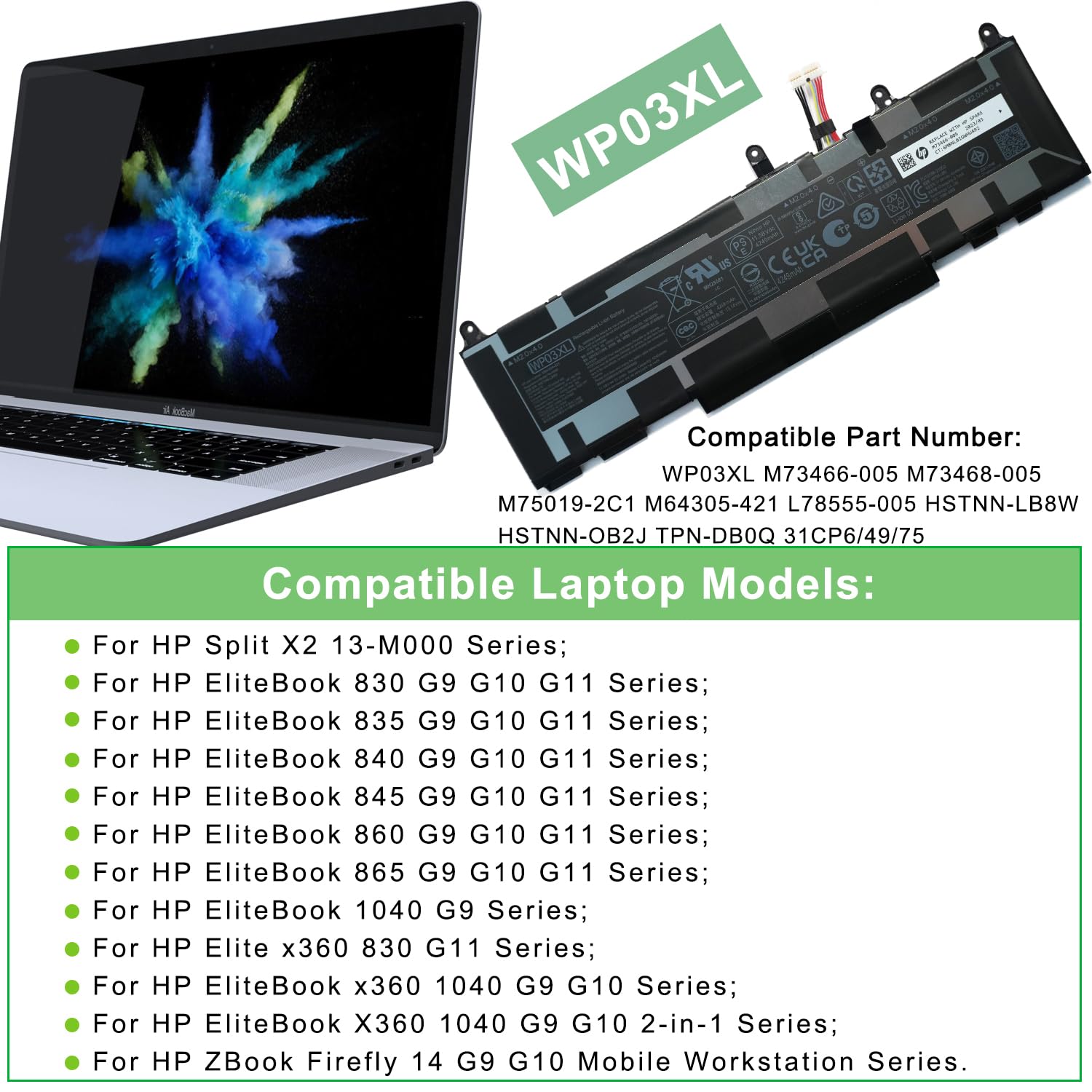 XITAIAN 11.58V 51.3Wh 4249mAh WP03XL Batteries de Rechange Compatibles avec HP EliteBook 830 835 840 845 860 865 G9 G10 G11/EliteBook X360 1040 G9 G10 2-in-1 ZBook Firefly 14 G9 G10 /Split X2 13-M000